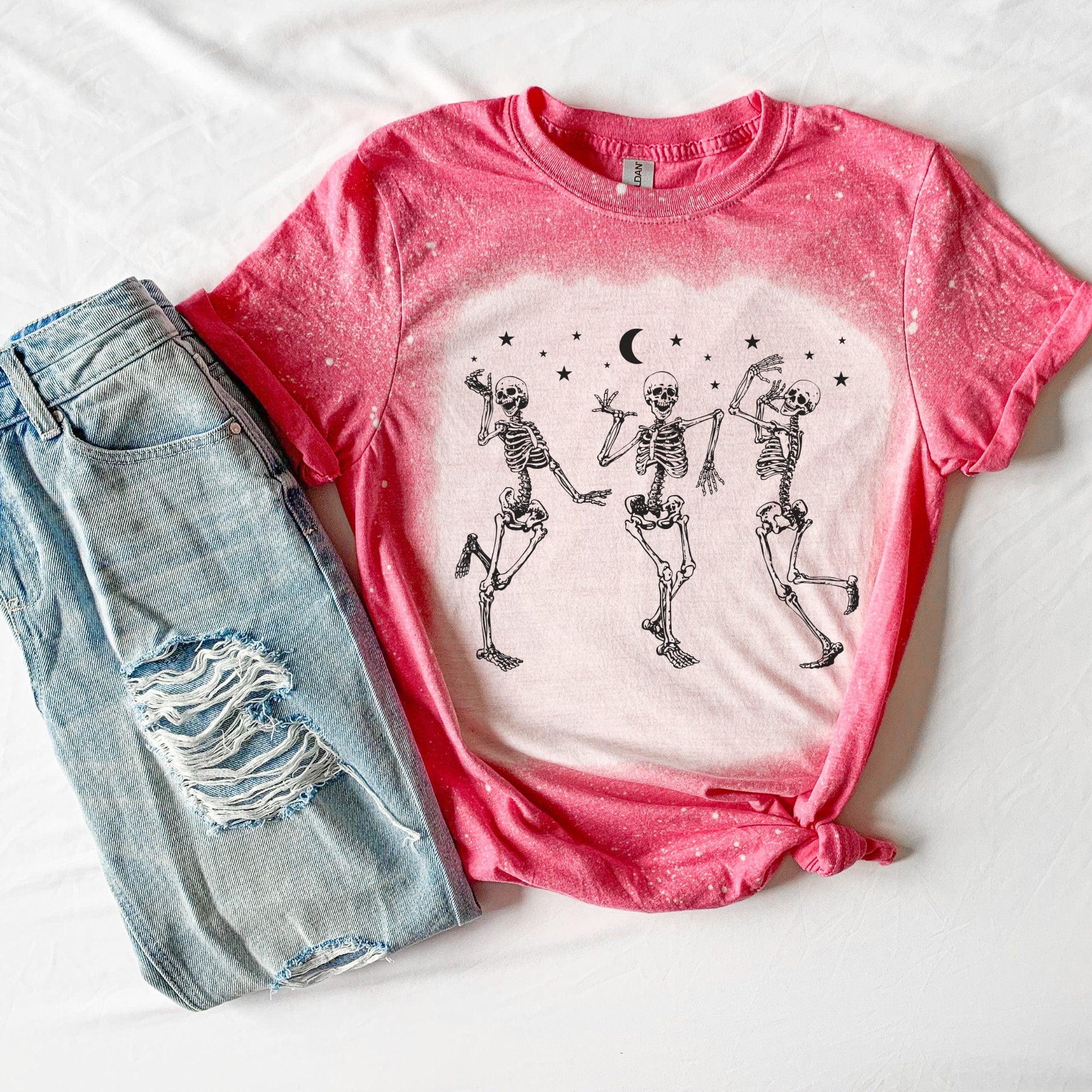 Dancing Skeletons Shirt - Halloween Skelli Shirt - Skeleton Shirt - Grim Reaper Shirt- bleached T-shirt - Fall shirt - Halloween shirt