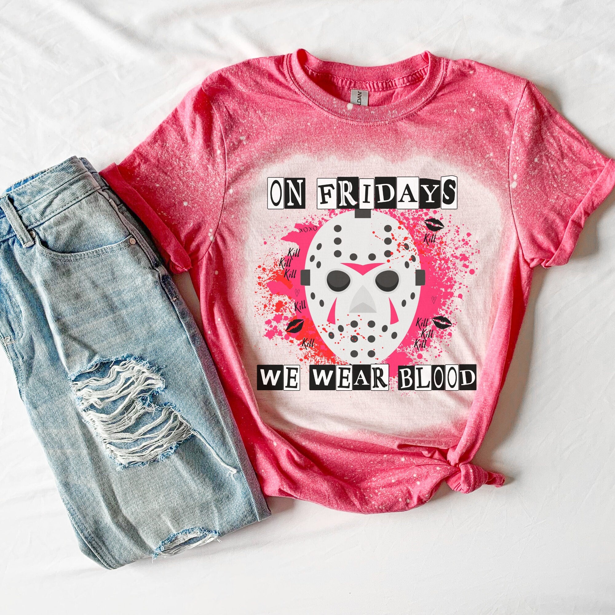 On fridays We Wear Blood Shirt - Halloween Jason Shirt - Skeleton Shirt - Grim Reaper Shirt- bleached T-shirt - Fall shirt - Halloween shirt