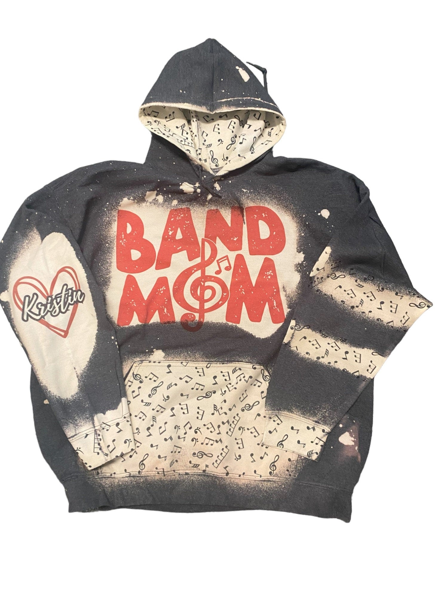 Band Mom Bleached Hoodie -  Custom Band  hoodie heart with Names on Sleeve - Bleached Hoodie - Custom Hoodie - Band mom Shirt Sweatshirt