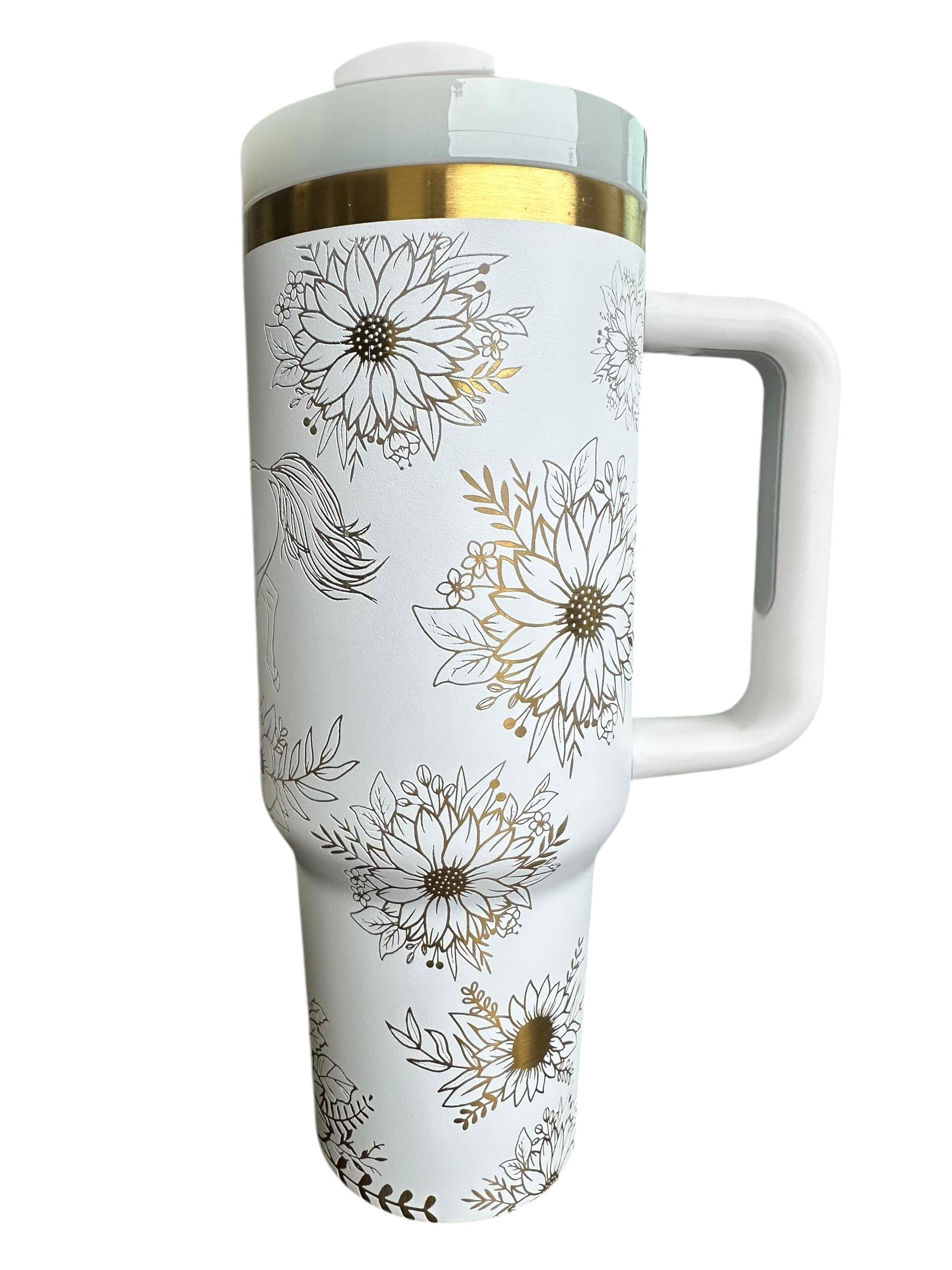 Floral Horse tumbler -  Western Engraved Tumbler  - Horse Lover engraved Country Tumbler - 40oz tumbler with handle - Horse Riding Gift