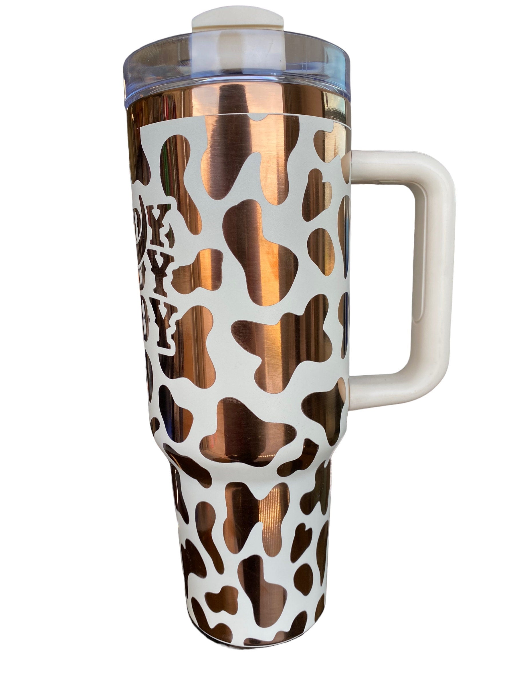 Howdy Tumbler  - Cowhide engraved Country Tumbler - 40oz tumbler with handle - Cow Print Tumbler - Copper Cream Longhorn Cow