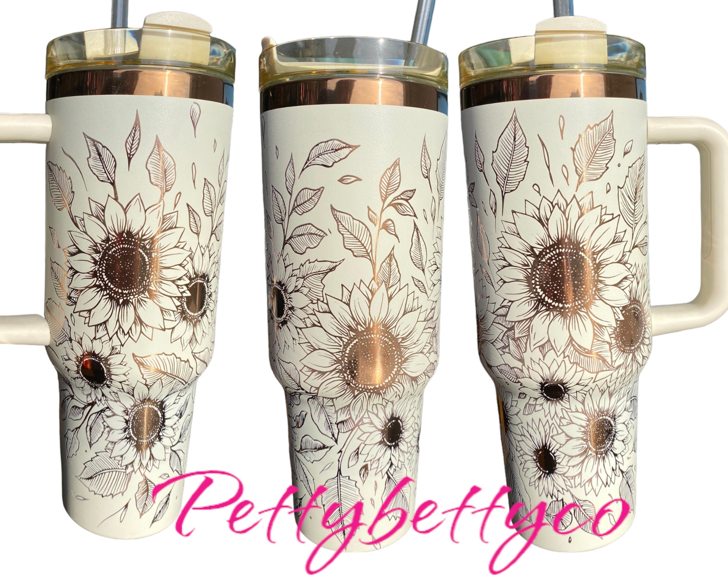 Sunflowers Engraved Tumbler  - engraved Country Tumbler - 40oz tumbler with handle - Custom Tumbler - Copper and Cream Floral Tumbler