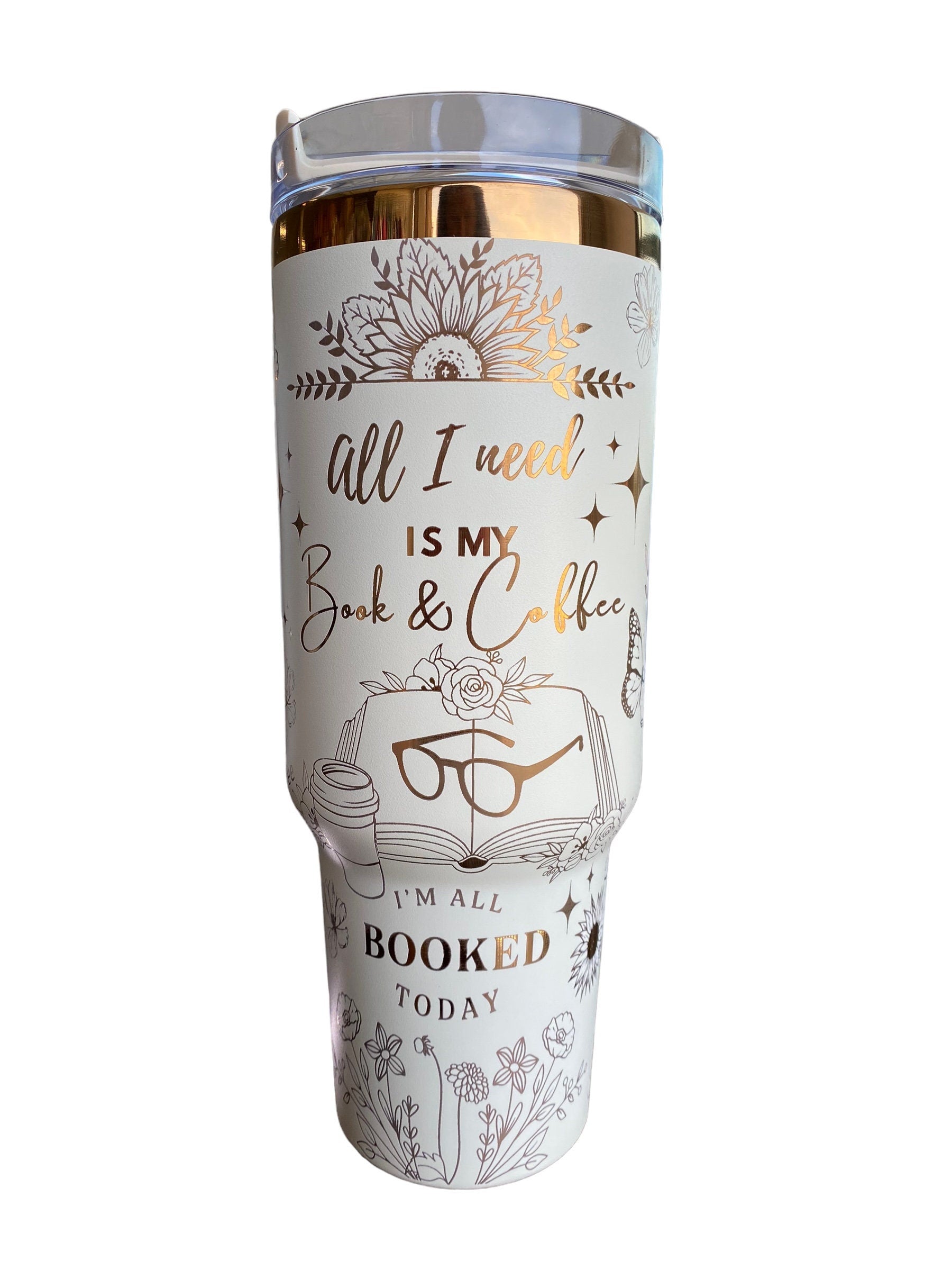 Books and Coffee Engraved Cup - I'm all Booked Custom Engraved Cup  - 40oz tumbler with handle -  Reading Theme Tumbler - Gift for Reader