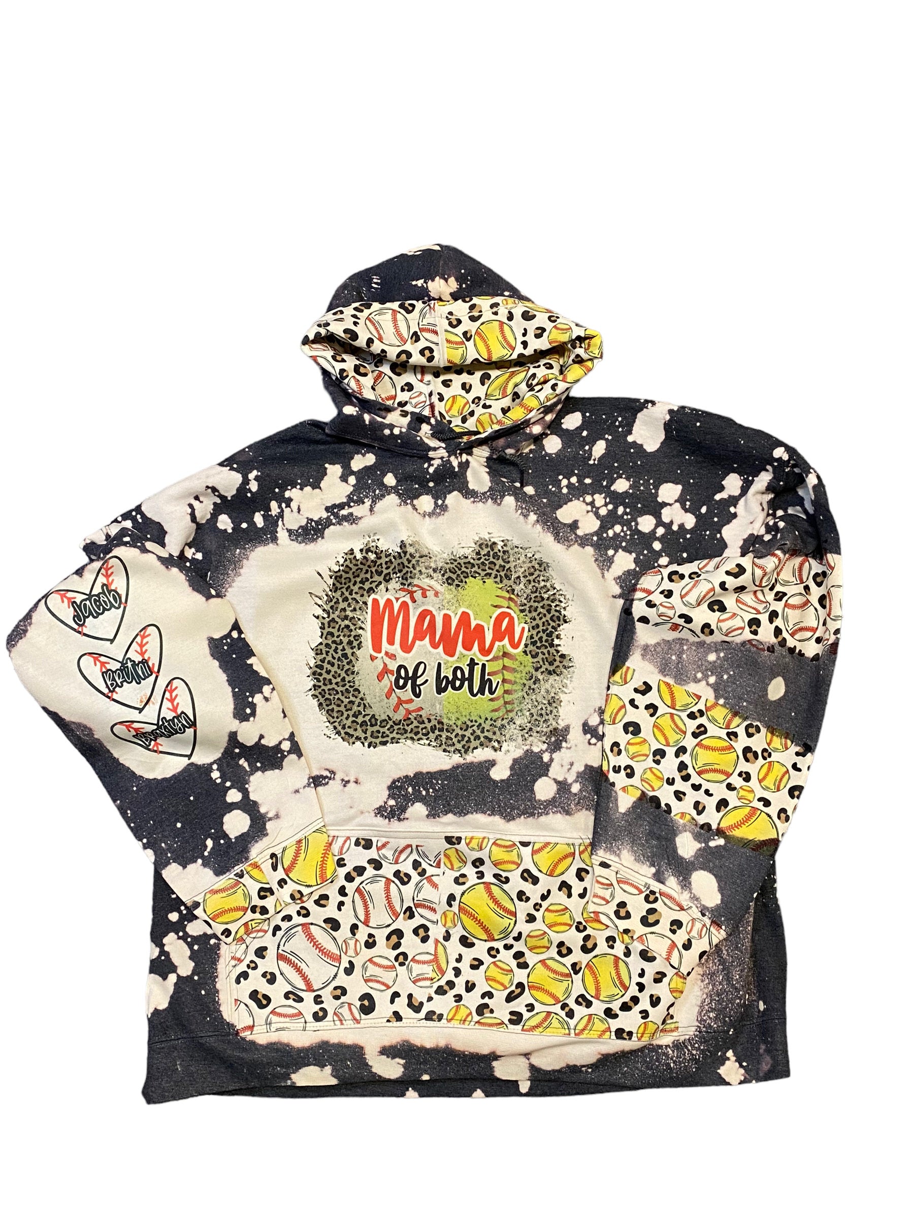 Mama of Both Softball & Baseball Bleached Hoodie -  Custom baseball Heart with Names on Sleeve - Bleached Hoodie - Custom Hoodie - Baseball