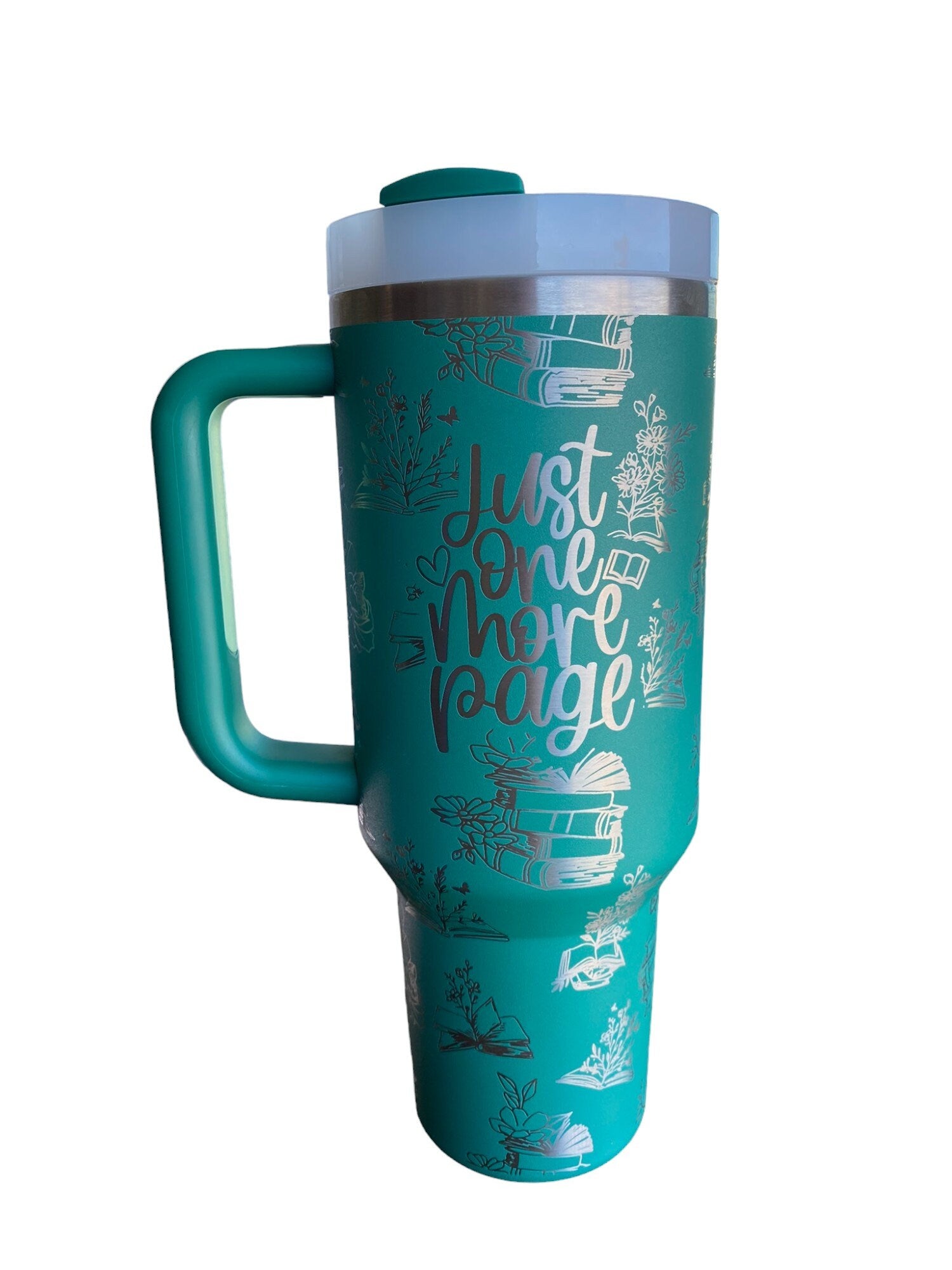Just One More Page Engraved Cup - Custom Engraved Cup  - 40oz tumbler with handle -  Reading Theme Tumbler - Gift for Reader