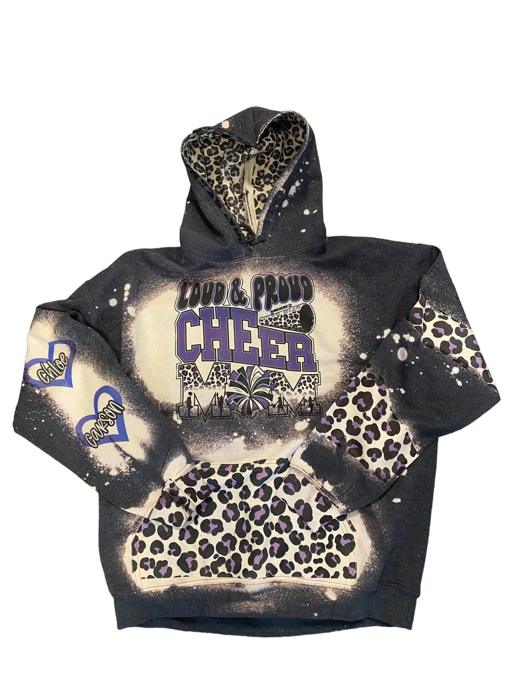 Loud and Proud Cheer Mom Bleached Hoodie - Custom Cheer Heart with Names on Sleeve - Bleached Hoodie - Custom Hoodie - Cheer Mom Sweatshirt
