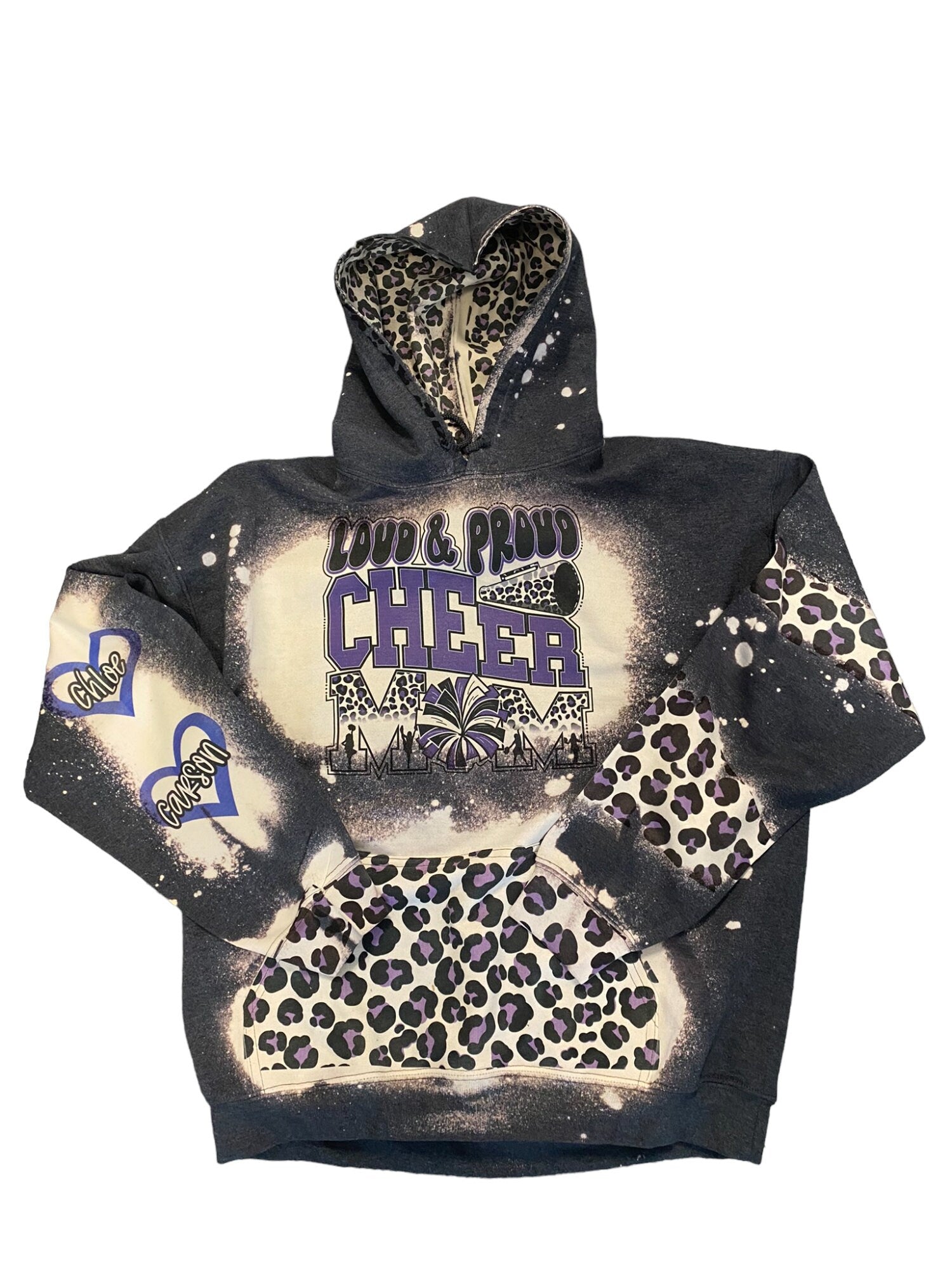 Loud and Proud Cheer Mom Bleached Hoodie - Custom Cheer Heart with Names on Sleeve - Bleached Hoodie - Custom Hoodie - Cheer Mom Sweatshirt