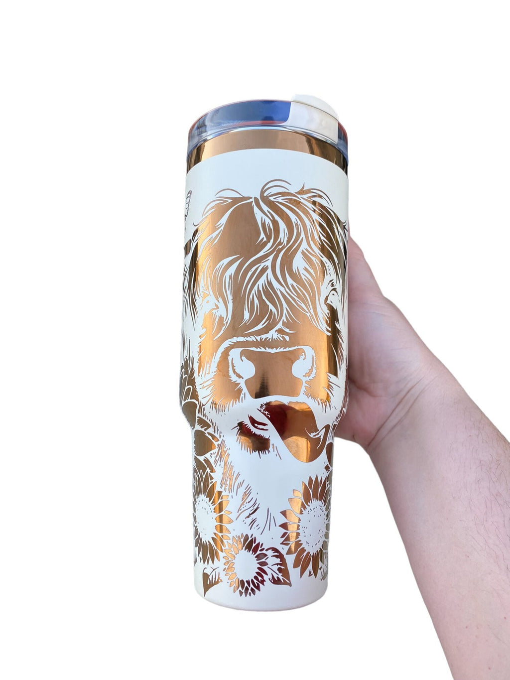 Highland Cow and Sunflowers Tumbler  - engraved Country Tumbler - 40oz tumbler with handle - Cow Print Tumbler - Copper Cream Longhorn Cow