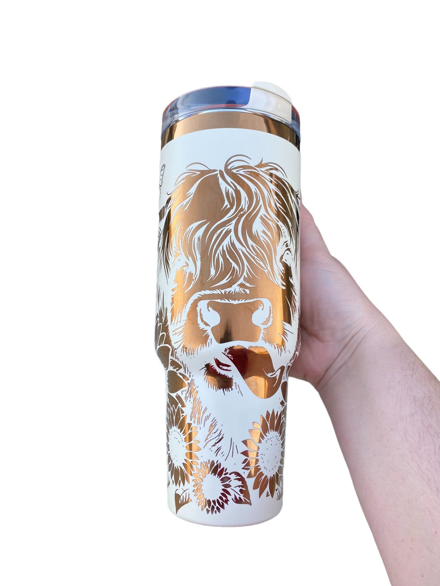 Highland Cow and Sunflowers Tumbler  - engraved Country Tumbler - 40oz tumbler with handle - Cow Print Tumbler - Copper Cream Longhorn Cow