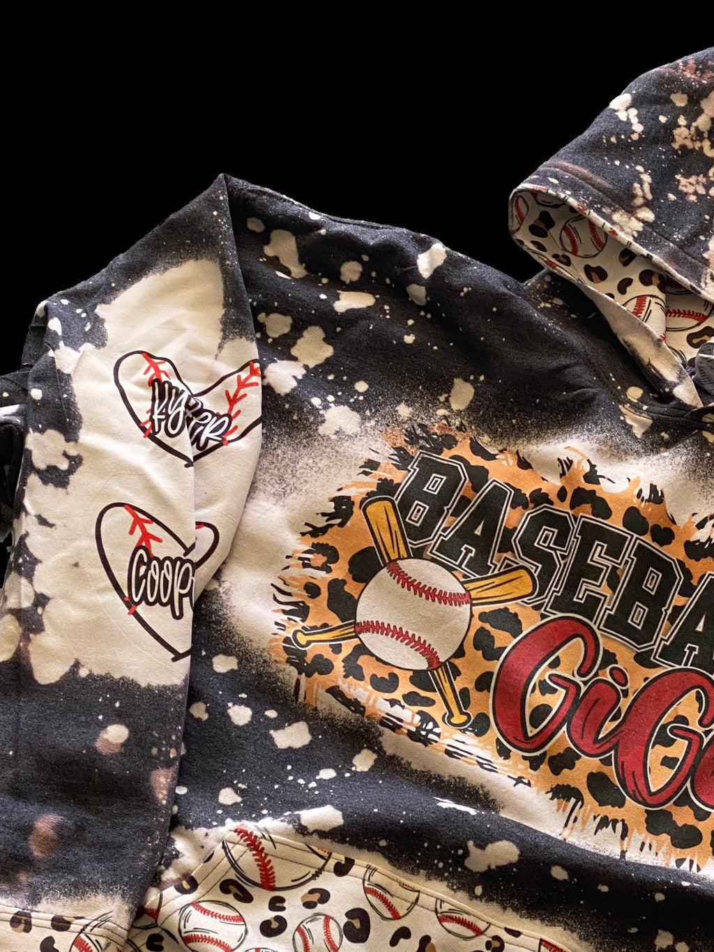 Baseball Gigi Bleached Hoodie - Custom baseball Heart with Names on Sleeve - Bleached Hoodie - Custom Hoodie - Baseball Shirt Sweatshirt