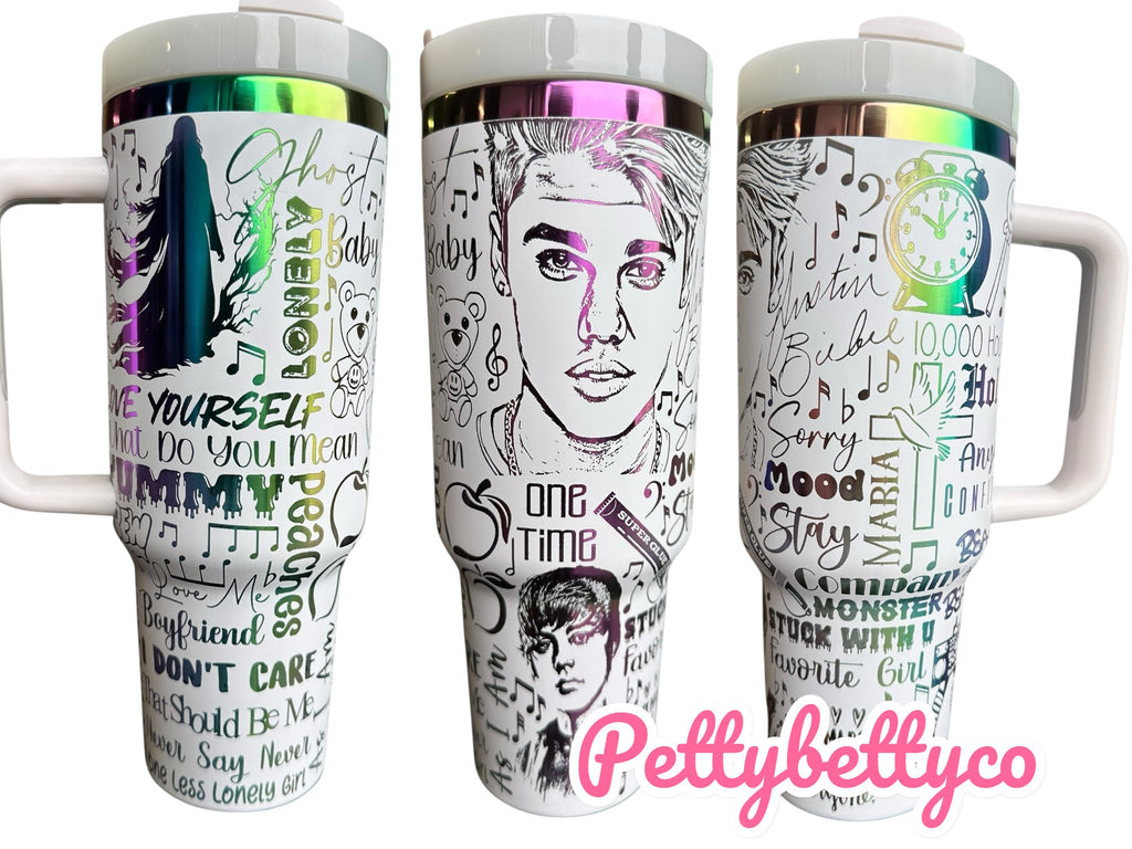 Justin B tumbler- engraved Pop Music tumbler 2.0 - 40oz tumbler with handle - Album Tumbler