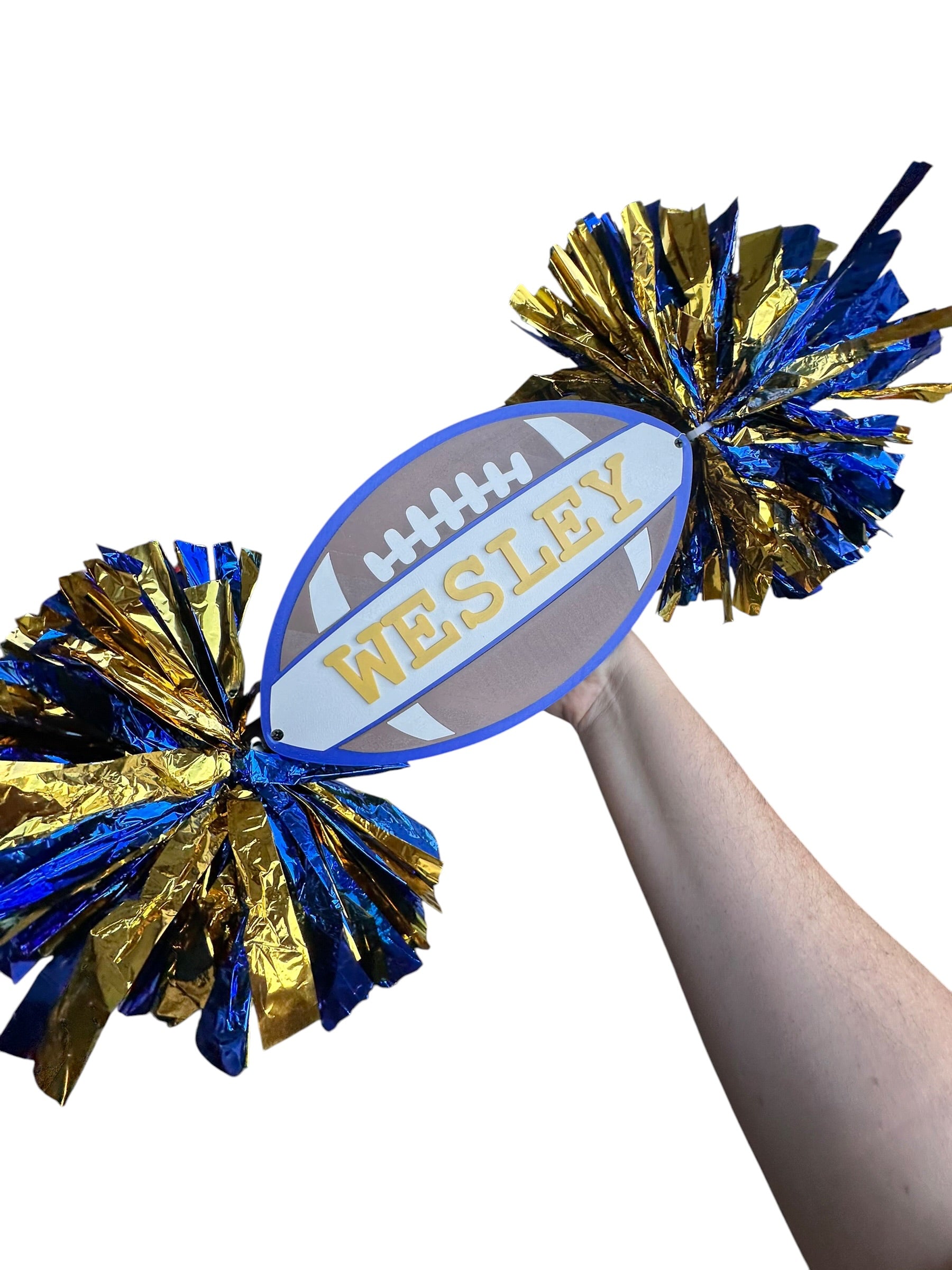 Personalized 3D Printed Football Cheerstick with Double Pompoms  Optional Cowbells | Custom Football Spirit Stick | Team Colors