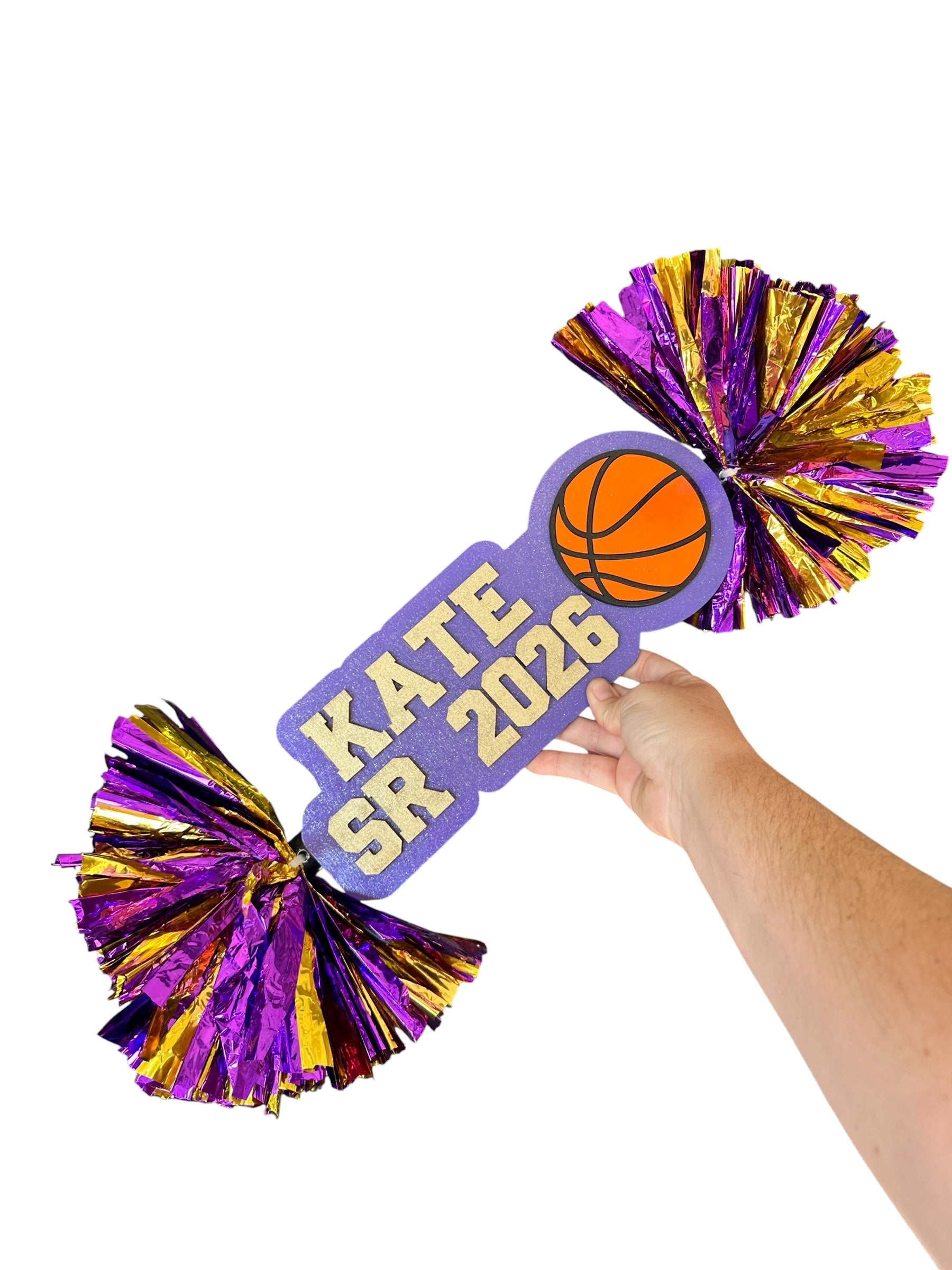 Personalized Basketball Cheerstick – Custom Wooden Pom-Pom Spirit Sign