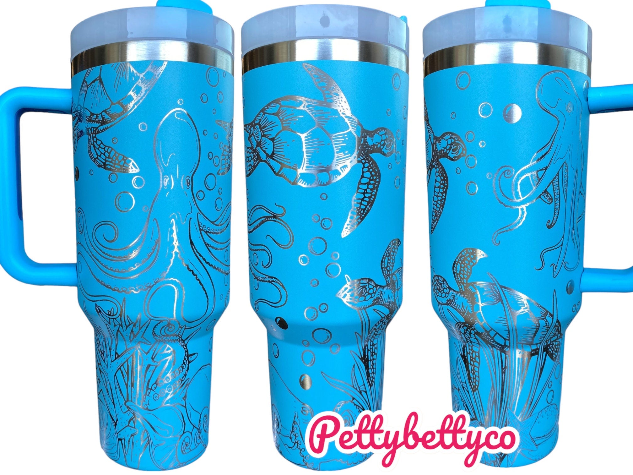 Octopus and Turtle Engraved Cup - Custom Engraved Cup  - 40oz tumbler with handle - Ocean Theme Tumbler