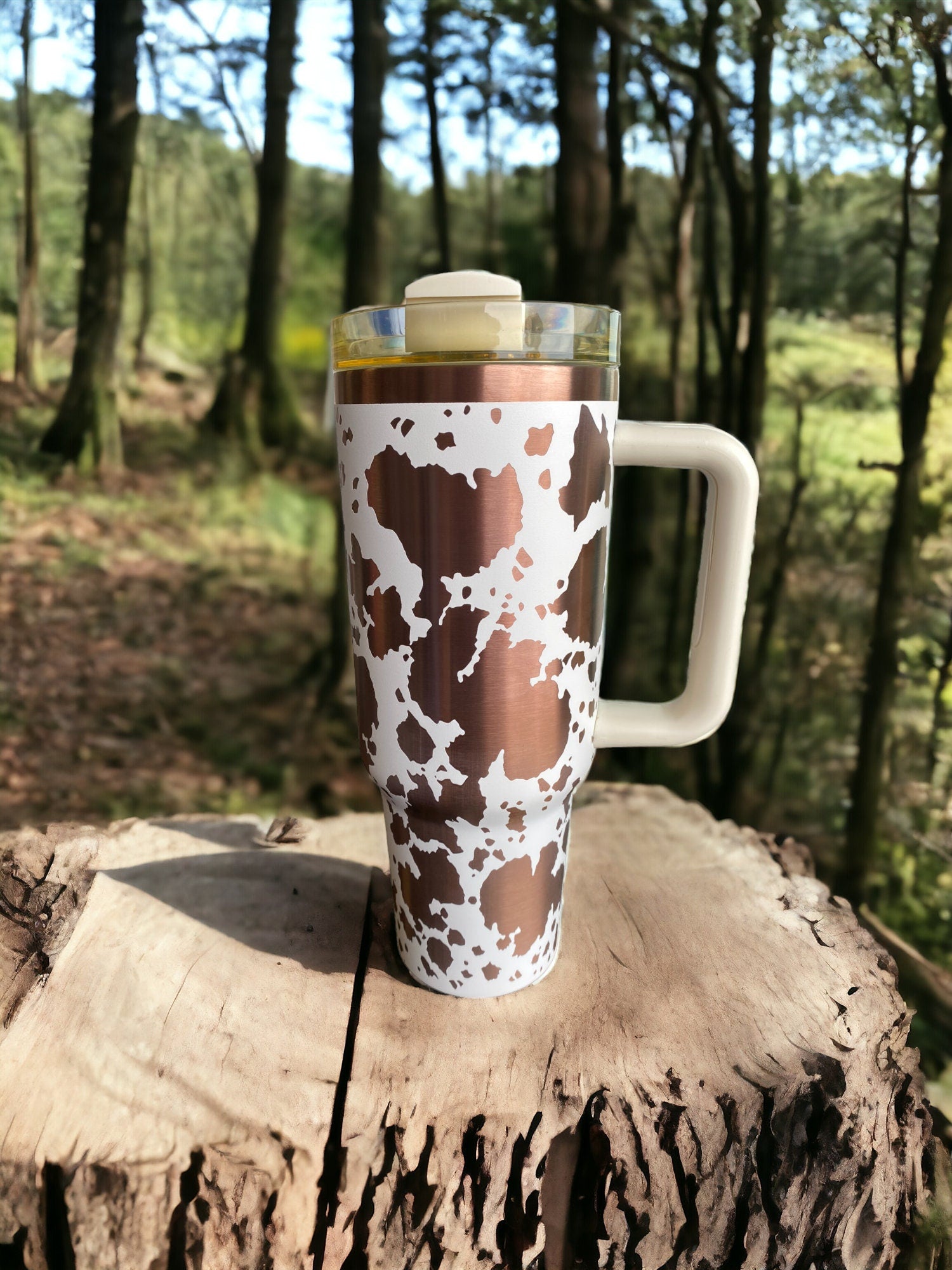 Cowhide Print Tumbler  - engraved Country Tumbler - 40oz tumbler with handle - Cow Print Tumbler - Copper Cream Longhorn Cow