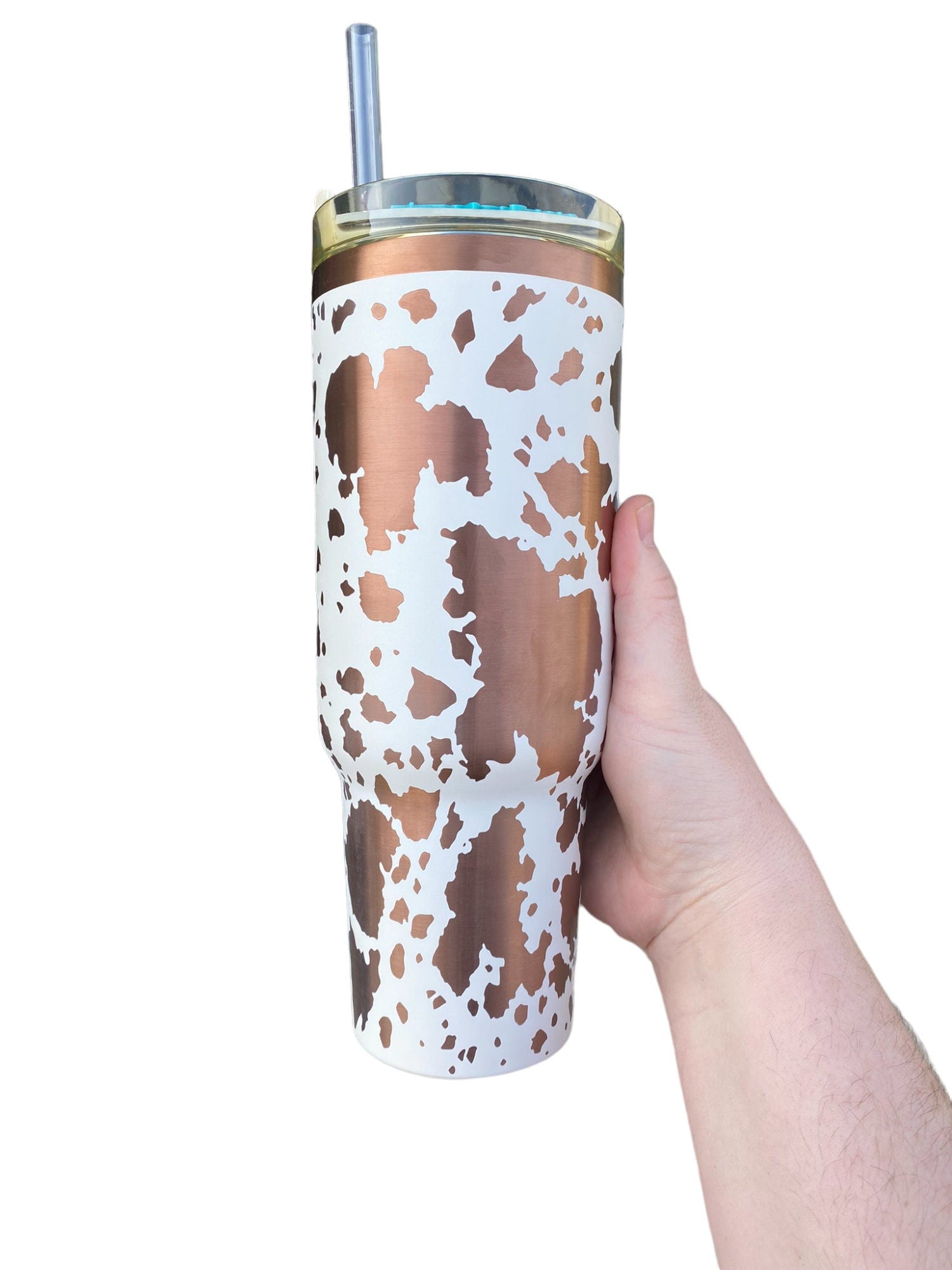 Cowhide Print Tumbler  - engraved Country Tumbler - 40oz tumbler with handle - Cow Print Tumbler - Copper Cream Longhorn Cow