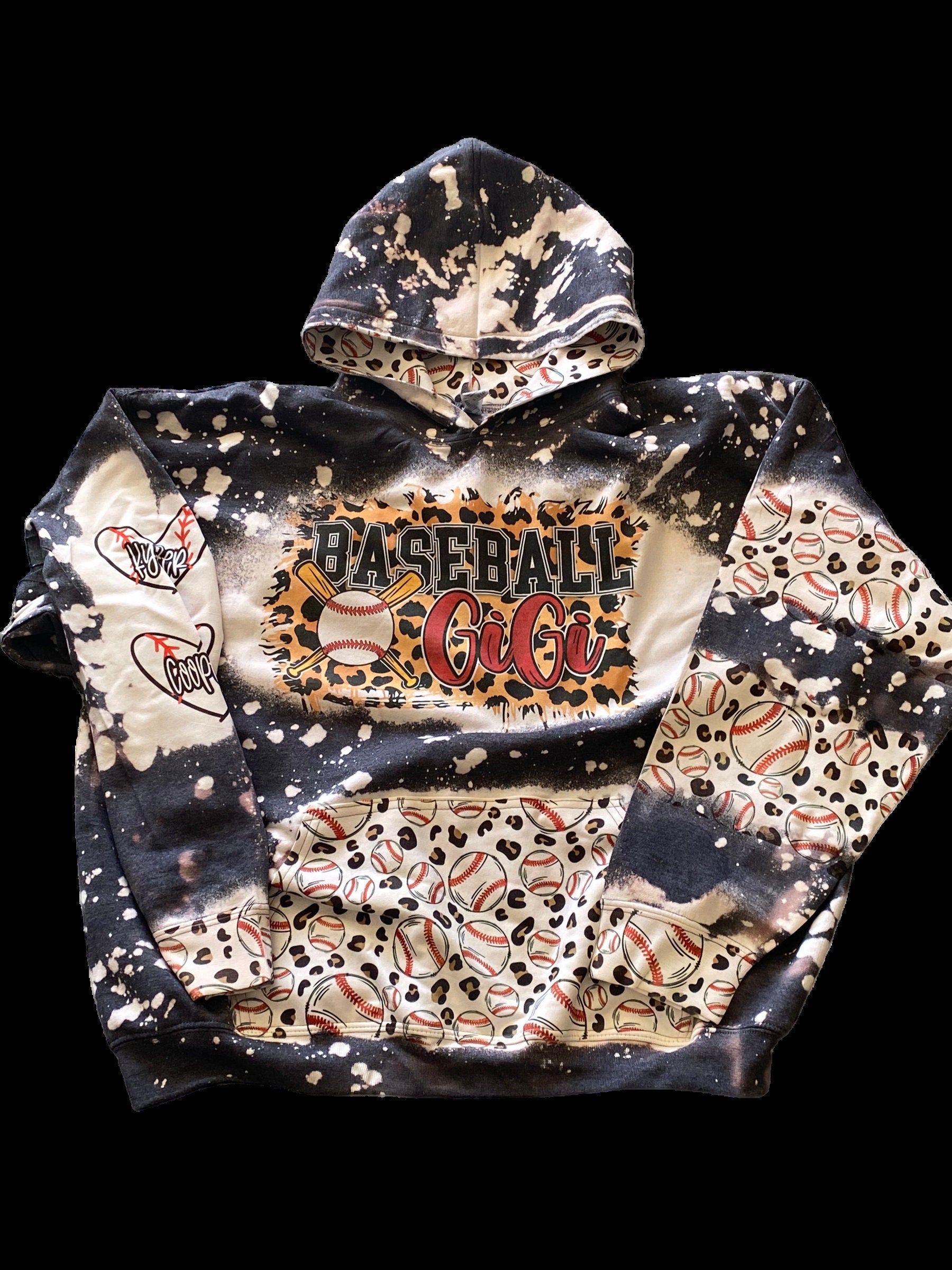 Baseball Gigi Bleached Hoodie - Custom baseball Heart with Names on Sleeve - Bleached Hoodie - Custom Hoodie - Baseball Shirt Sweatshirt