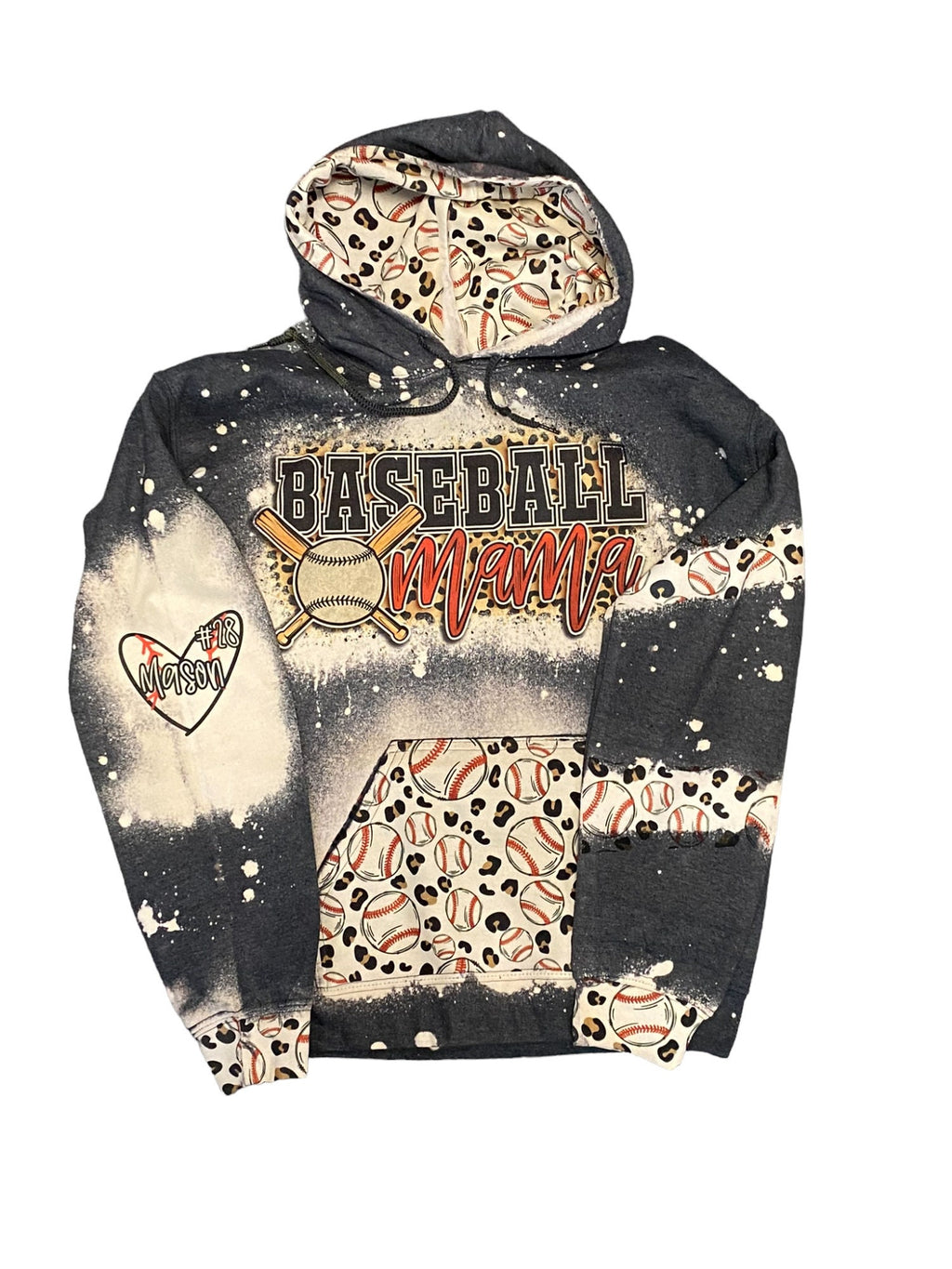 Baseball Mama Bleached Hoodie -  Custom baseball Heart with Names on Sleeve - Bleached Hoodie - Custom Hoodie - Baseball Shirt Sweatshirt