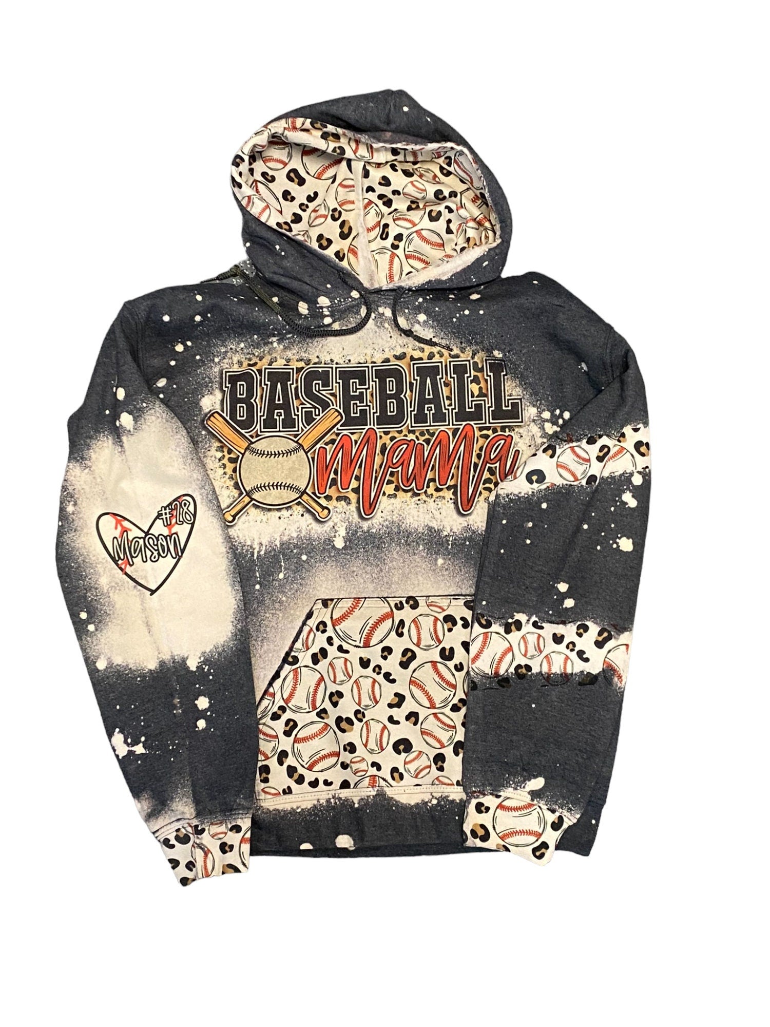 Baseball Mama Bleached Hoodie -  Custom baseball Heart with Names on Sleeve - Bleached Hoodie - Custom Hoodie - Baseball Shirt Sweatshirt