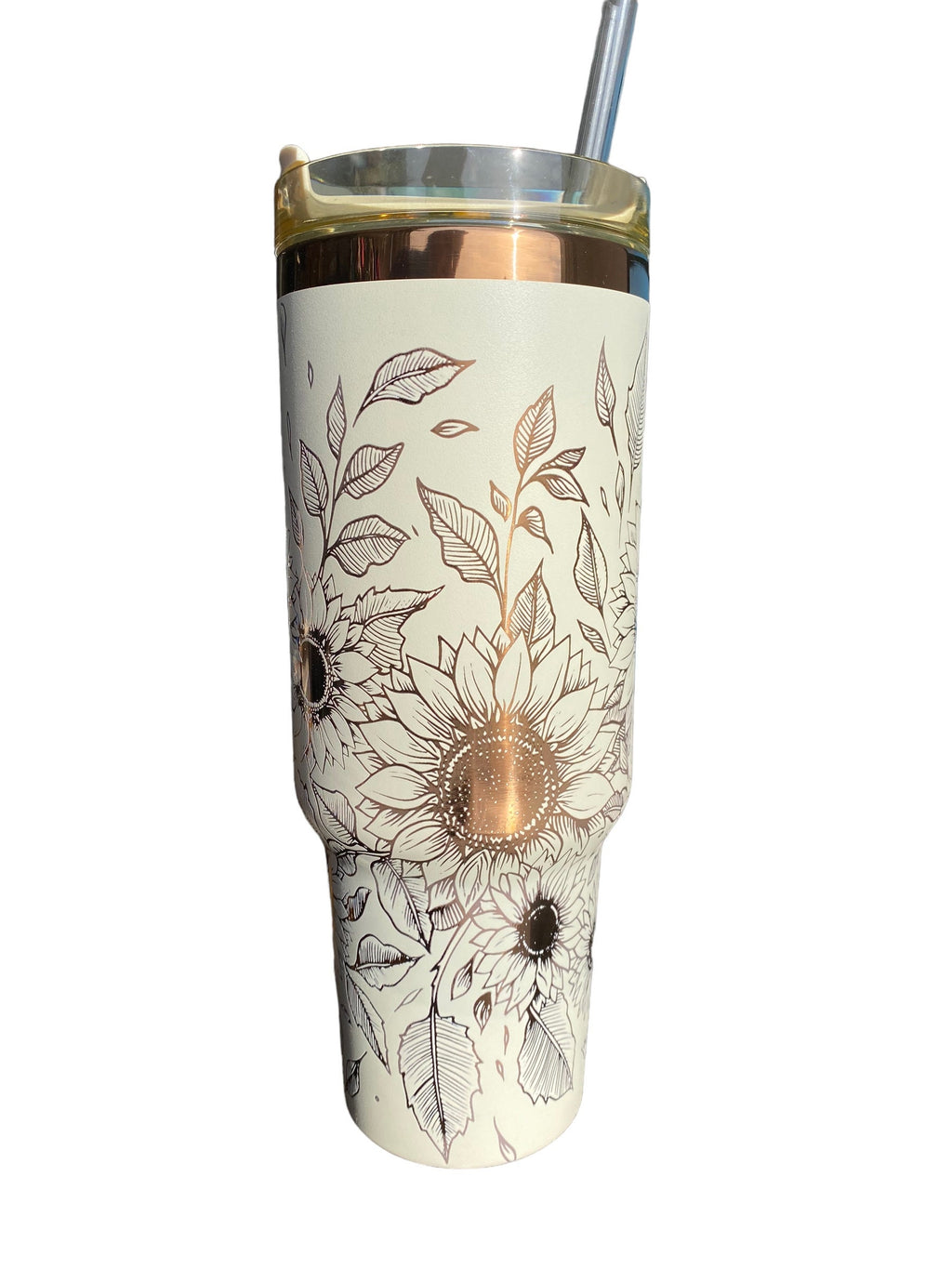 Sunflowers Engraved Tumbler  - engraved Country Tumbler - 40oz tumbler with handle - Custom Tumbler - Copper and Cream Floral Tumbler