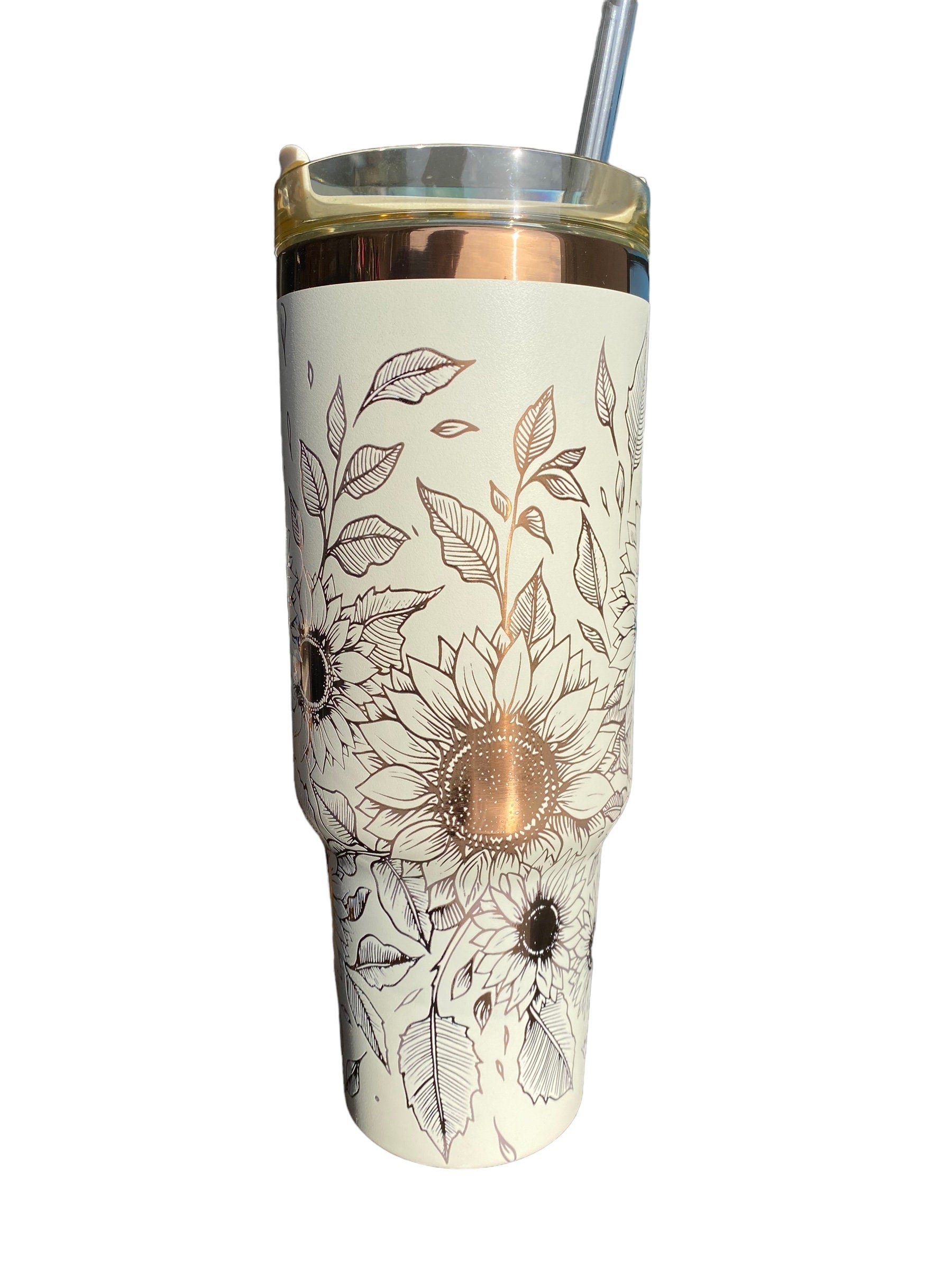 Sunflowers Engraved Tumbler  - engraved Country Tumbler - 40oz tumbler with handle - Custom Tumbler - Copper and Cream Floral Tumbler