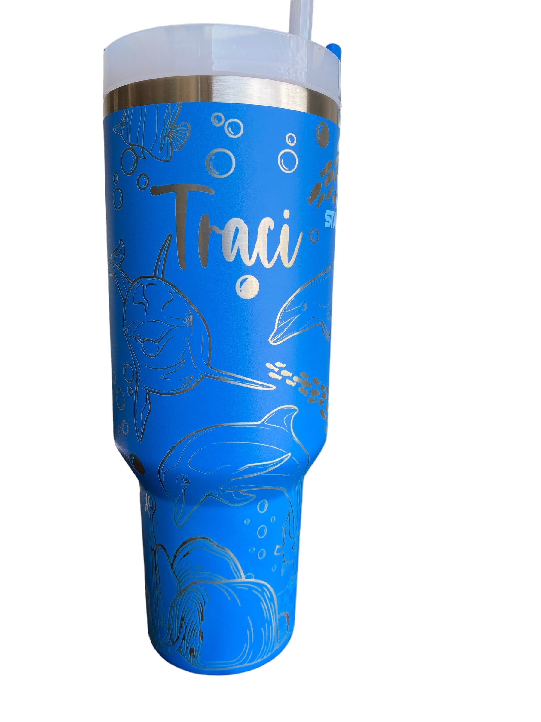 Dolphin Engraved Cup - Custom Engraved Cup  - 40oz tumbler with handle - Ocean Theme Tumbler