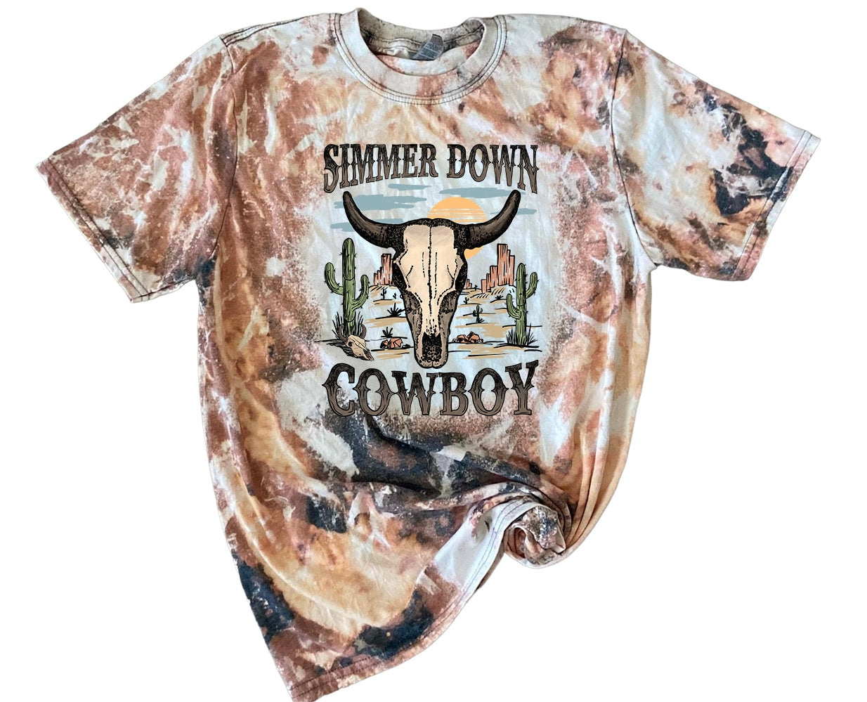 Simmer Down Cowboy T-shirt - Cowhide Bleach Crewneck tee shirt - Howdy Shirt -Western Wear - Cow Print Cowgirl