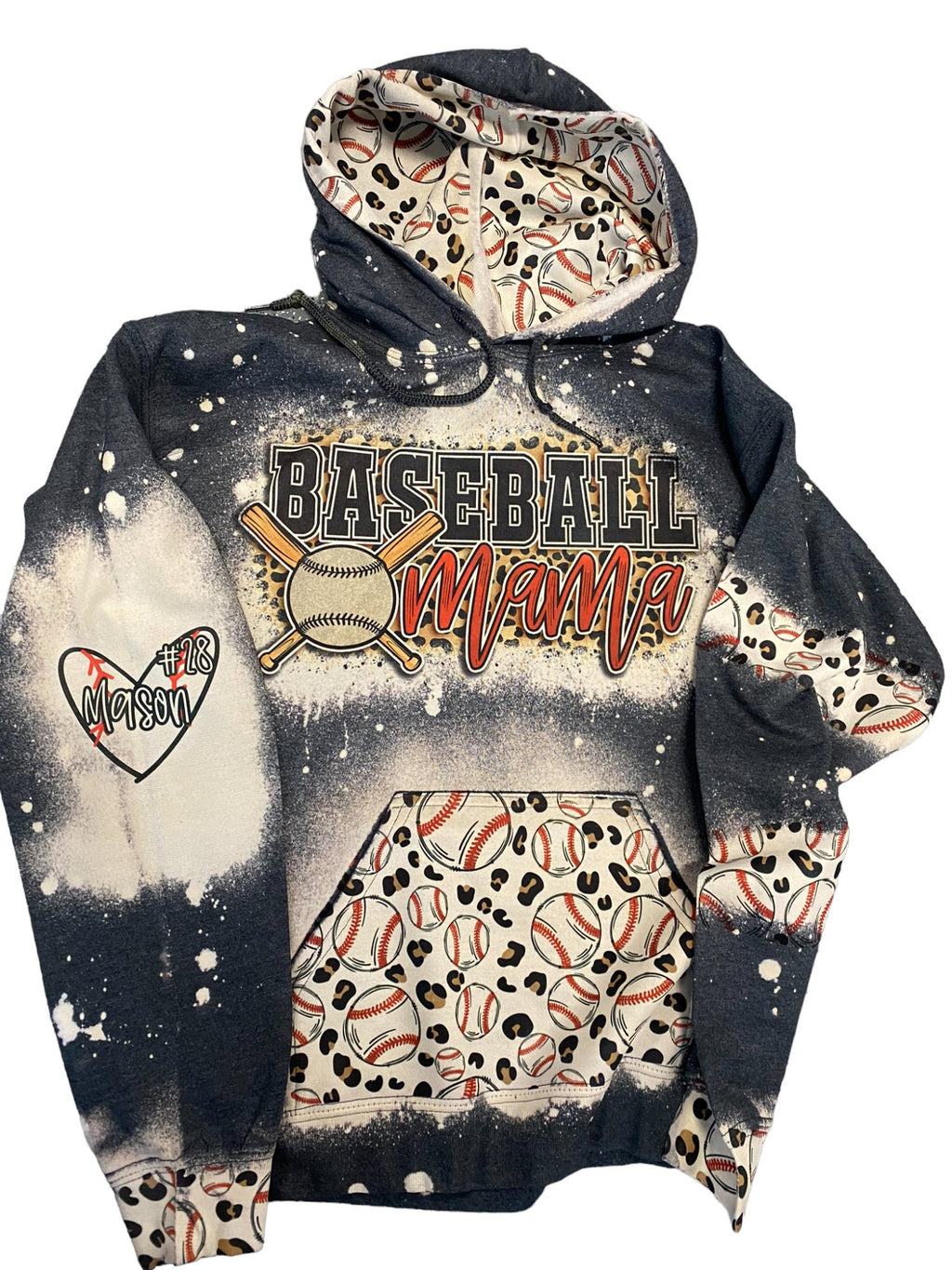 Baseball Mama Bleached Hoodie -  Custom baseball Heart with Names on Sleeve - Bleached Hoodie - Custom Hoodie - Baseball Shirt Sweatshirt