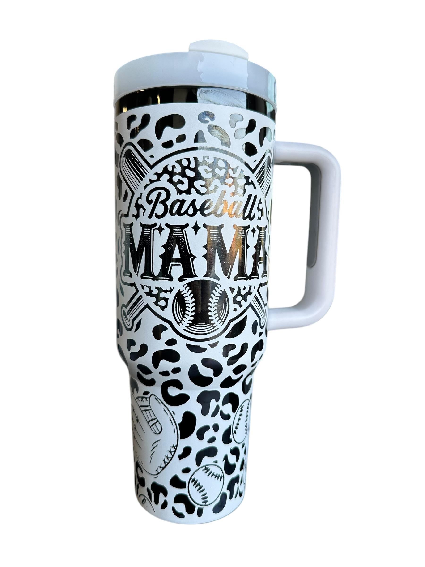 Baseball Mama engraved Tumbler - Leopard Baseball Cup - Cute Baseball Stand Accessory - 40oz tumbler with handle - Baseball Life