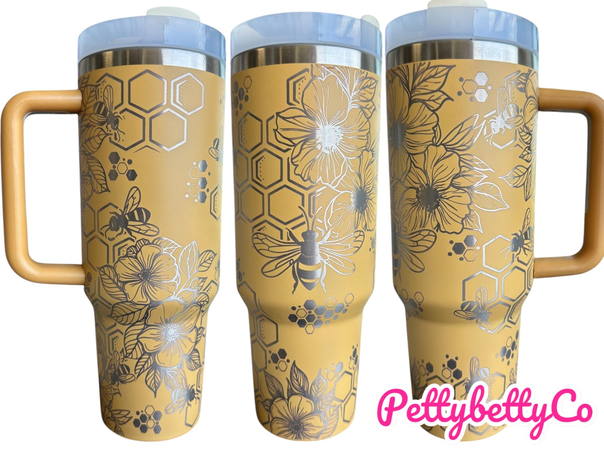 Floral Honey Bee Engraved Tumbler  - engraved Country Tumbler - 40oz tumbler with handle Custom Tumbler - Yellow Floral Tumbler