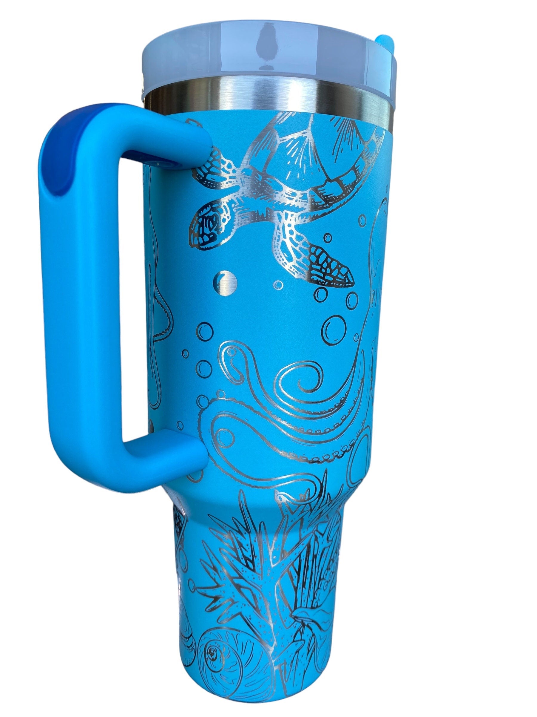 Octopus and Turtle Engraved Cup - Custom Engraved Cup  - 40oz tumbler with handle - Ocean Theme Tumbler