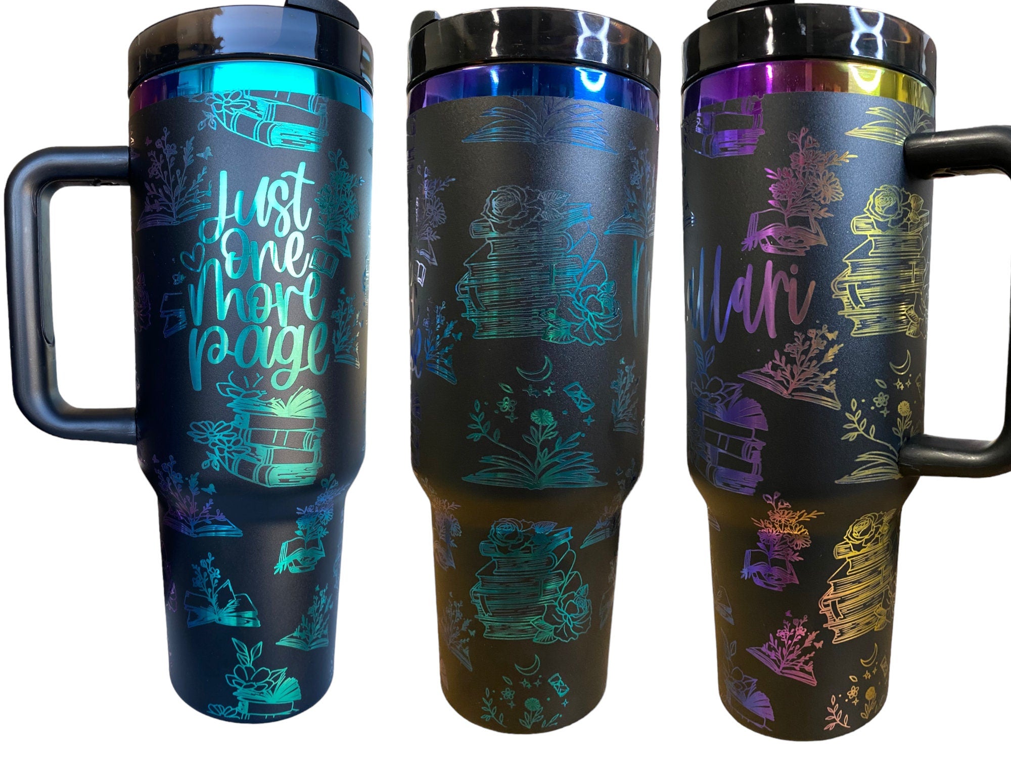 Just One More Page Engraved Cup - Custom Engraved Cup  - 40oz tumbler with handle -  Reading Theme Tumbler - Gift for Reader