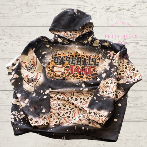 Baseball Aunt Bleached Hoodie - Custom baseball Heart with Names on Sleeve - Bleached Hoodie - Custom Hoodie - Baseball Shirt Sweatshirt