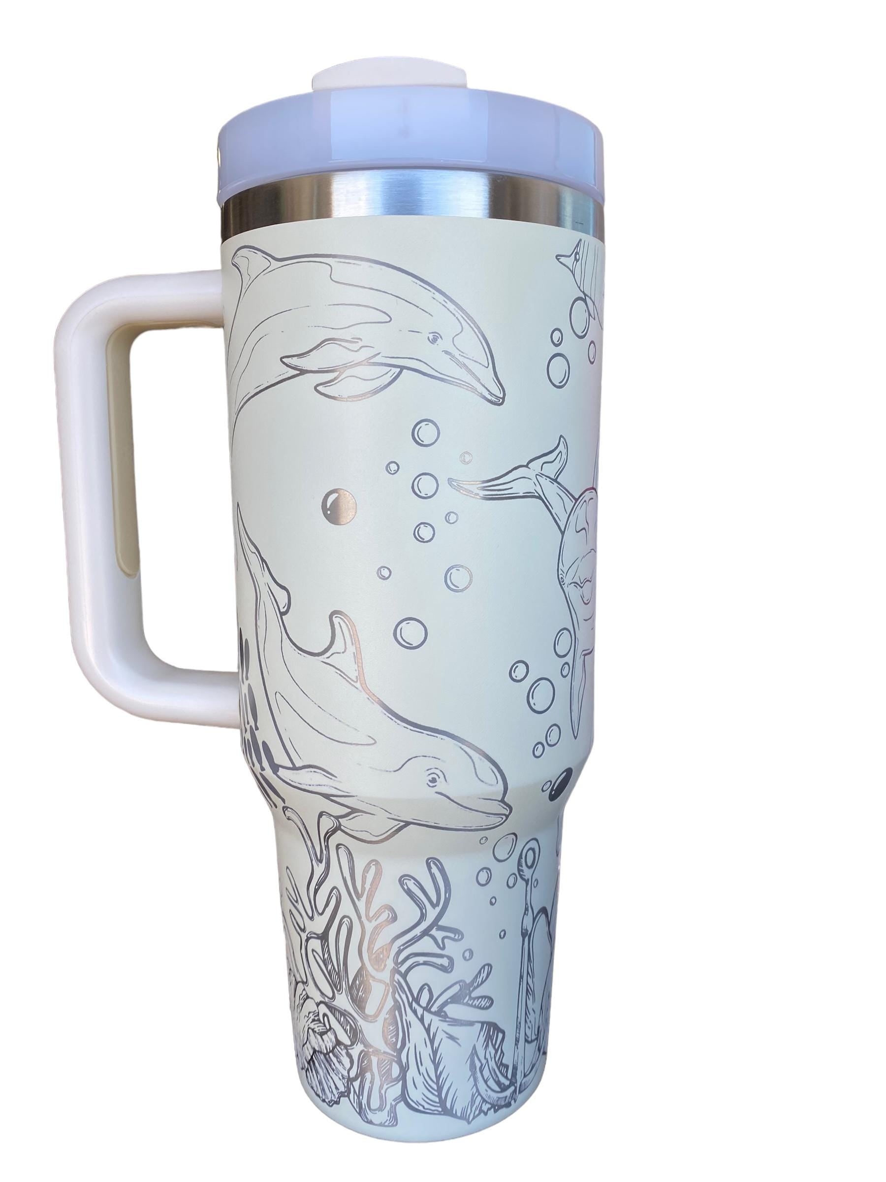 Dolphin Engraved Cup - Custom Engraved Cup  - 40oz tumbler with handle - Ocean Theme Tumbler