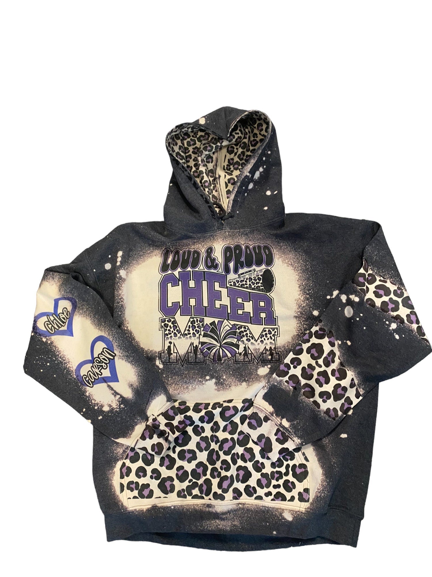 Loud and Proud Cheer Mom Bleached Hoodie - Custom Cheer Heart with Names on Sleeve - Bleached Hoodie - Custom Hoodie - Cheer Mom Sweatshirt