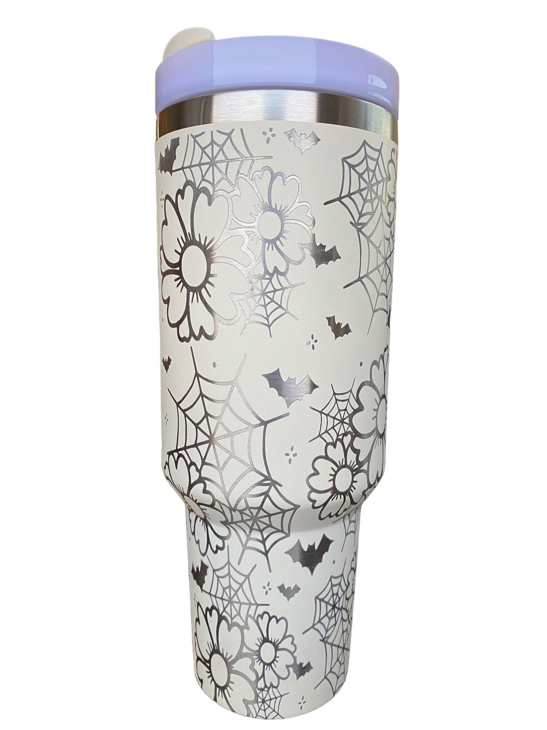 Classy Halloween Tumbler - Floral Halloween Engraved Tumbler - 40oz Engraved Tumbler - Halloween Cup - Spiderwebs and Flowers Tumbler