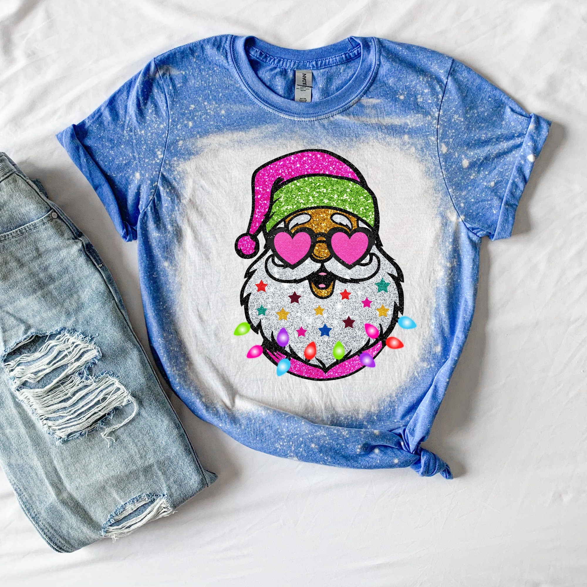 Neon Santa Shirt - Leopard Print Sleeves - Trendy Santa Shirt - Bleached santa tshirt - Pink Santa Shirt - Pink Christmas Shirt