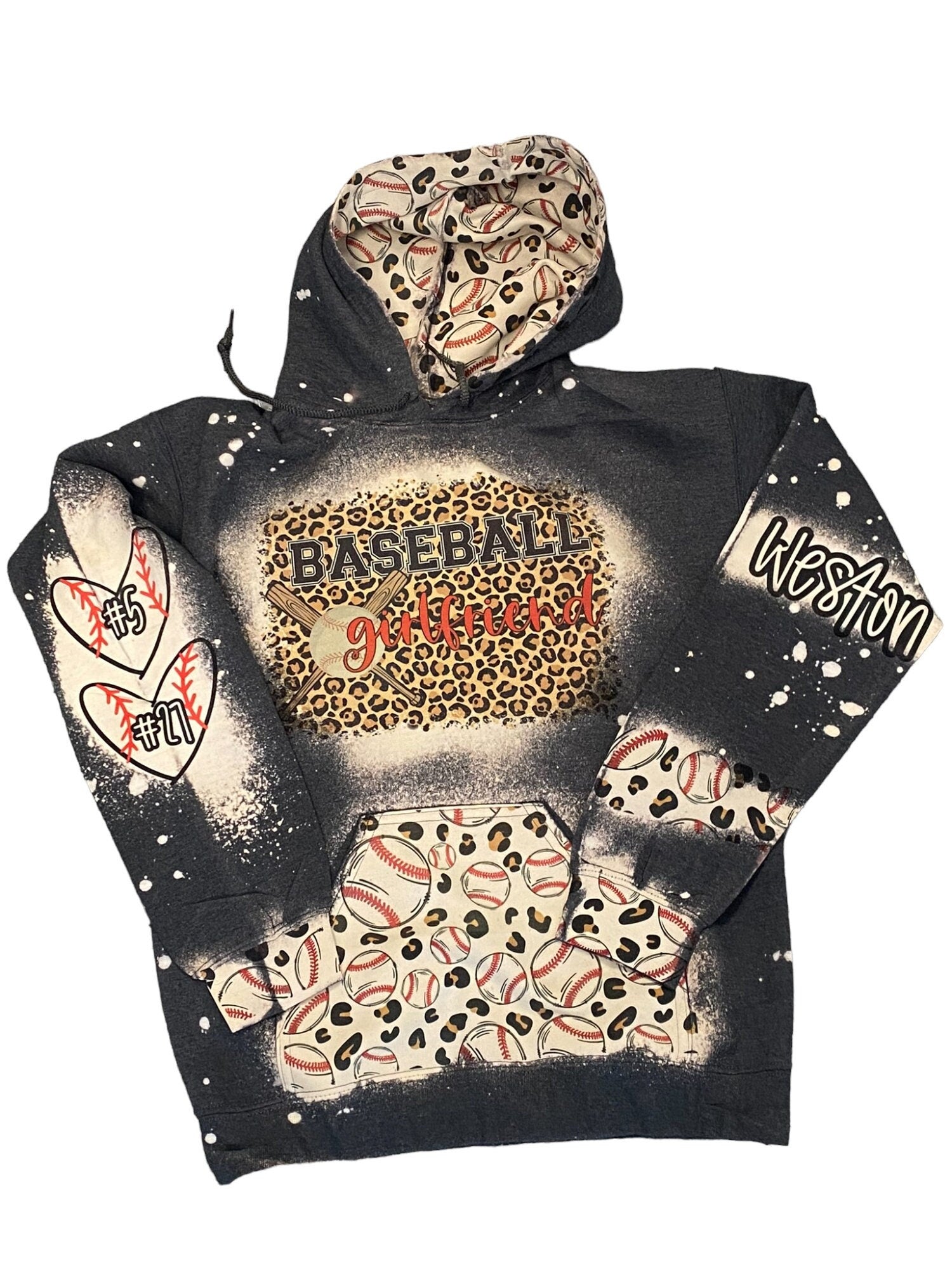 Baseball Girlfriend Bleached Hoodie - Custom baseball Heart with Names on Sleeve - Bleached Hoodie - Custom Hoodie - Baseball Sweatshirt