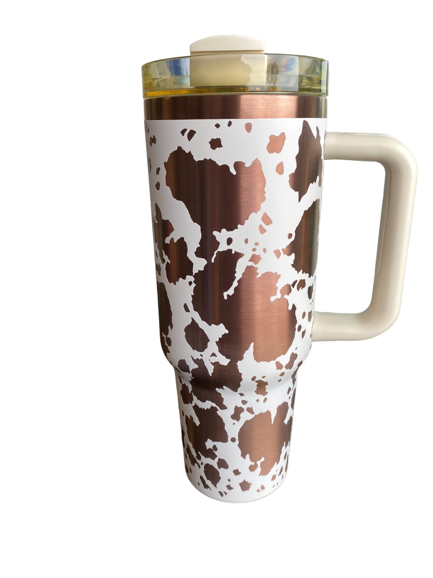 Cowhide Print Tumbler  - engraved Country Tumbler - 40oz tumbler with handle - Cow Print Tumbler - Copper Cream Longhorn Cow