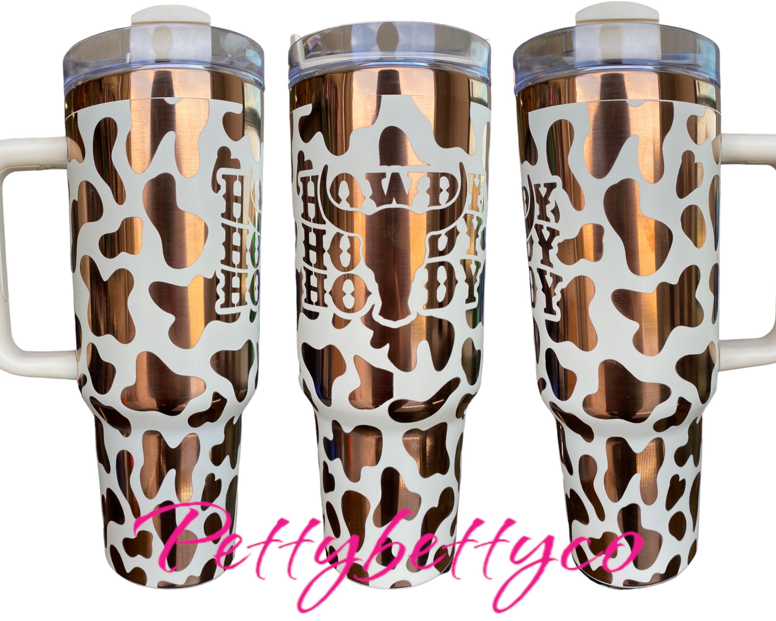 Howdy Tumbler  - Cowhide engraved Country Tumbler - 40oz tumbler with handle - Cow Print Tumbler - Copper Cream Longhorn Cow