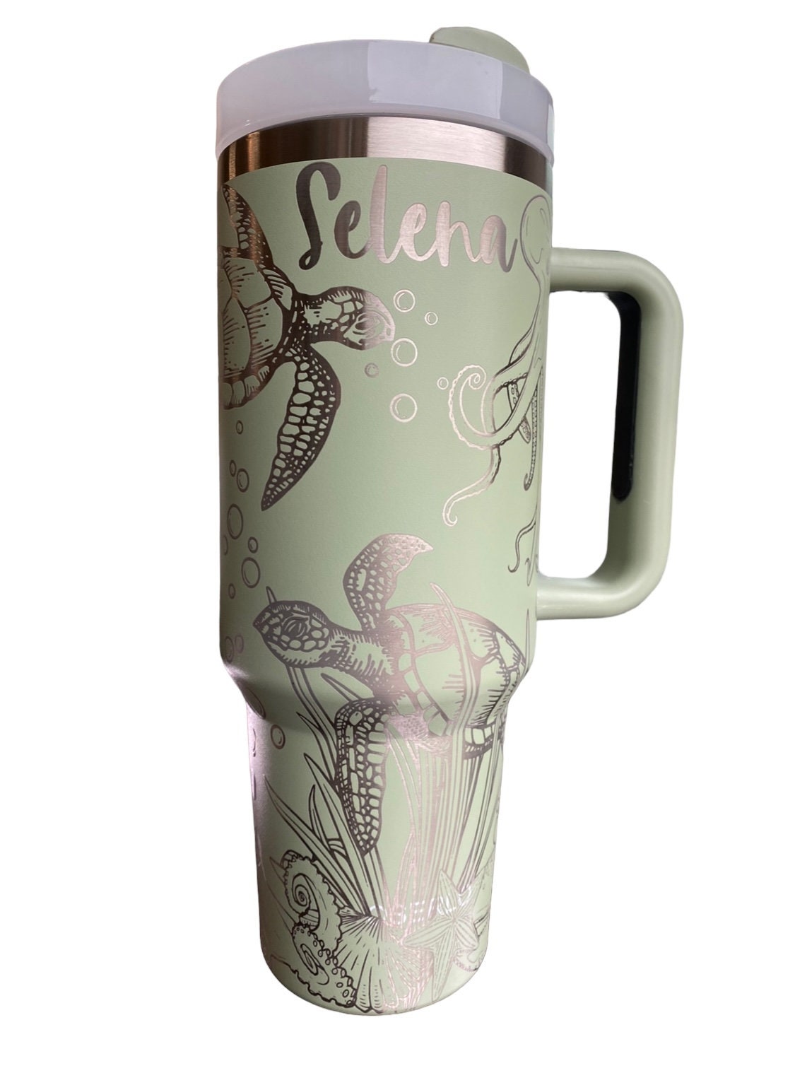 Octopus and Turtle Engraved Cup - Custom Engraved Cup  - 40oz tumbler with handle - Ocean Theme Tumbler