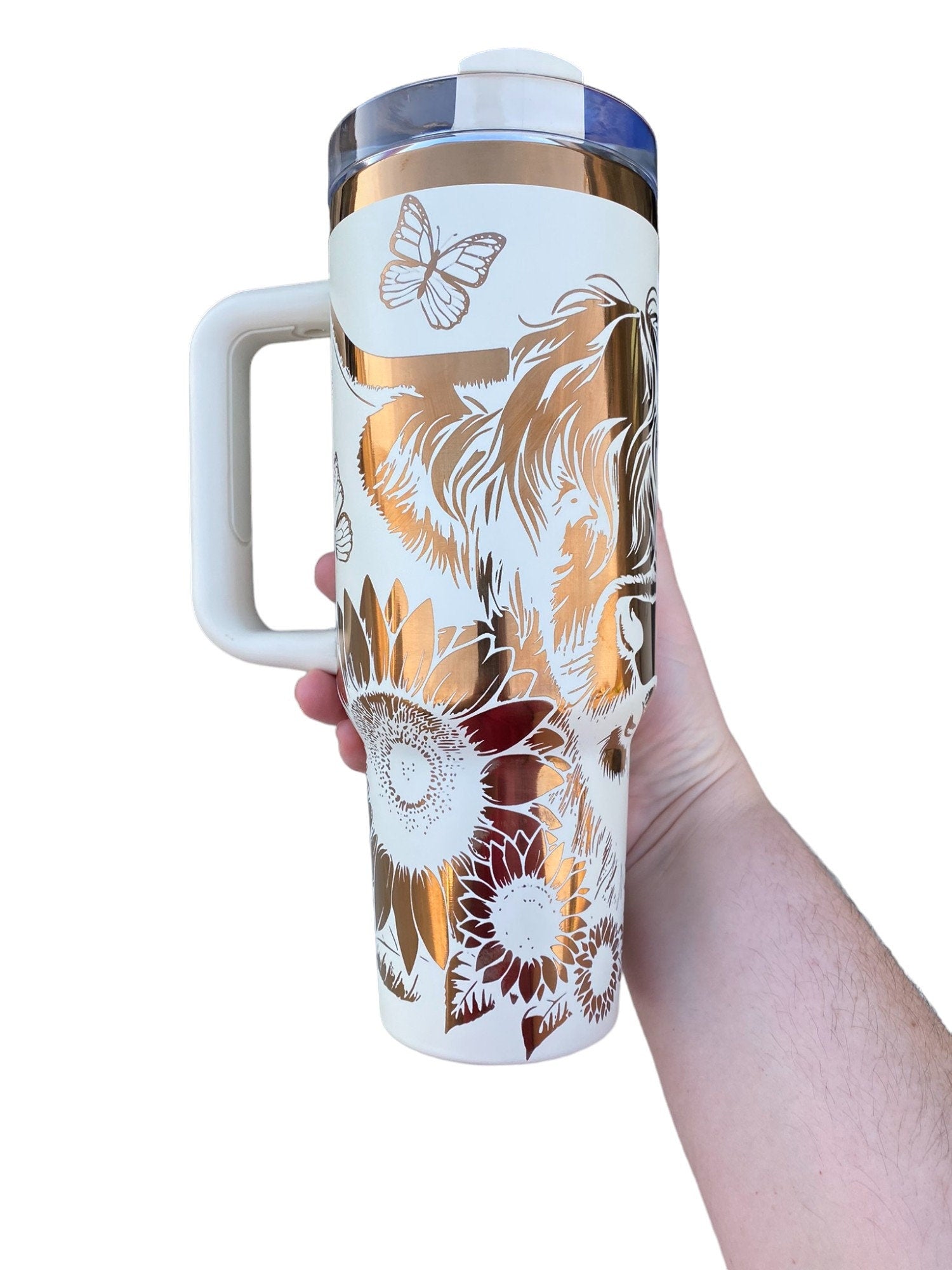 Highland Cow and Sunflowers Tumbler  - engraved Country Tumbler - 40oz tumbler with handle - Cow Print Tumbler - Copper Cream Longhorn Cow