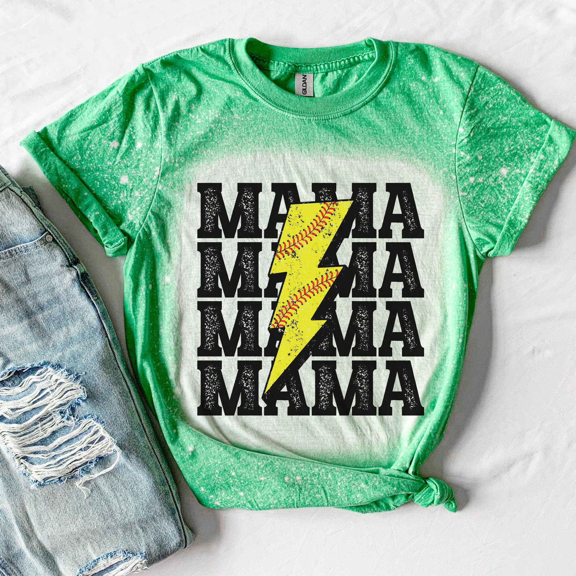 Retro Lightning Softball Mama T-Shirt - Mama Of Both - Bleached Baseball T-Shirt - Softball Mama Shirt - Softball Mom Shirt - Softball Mama