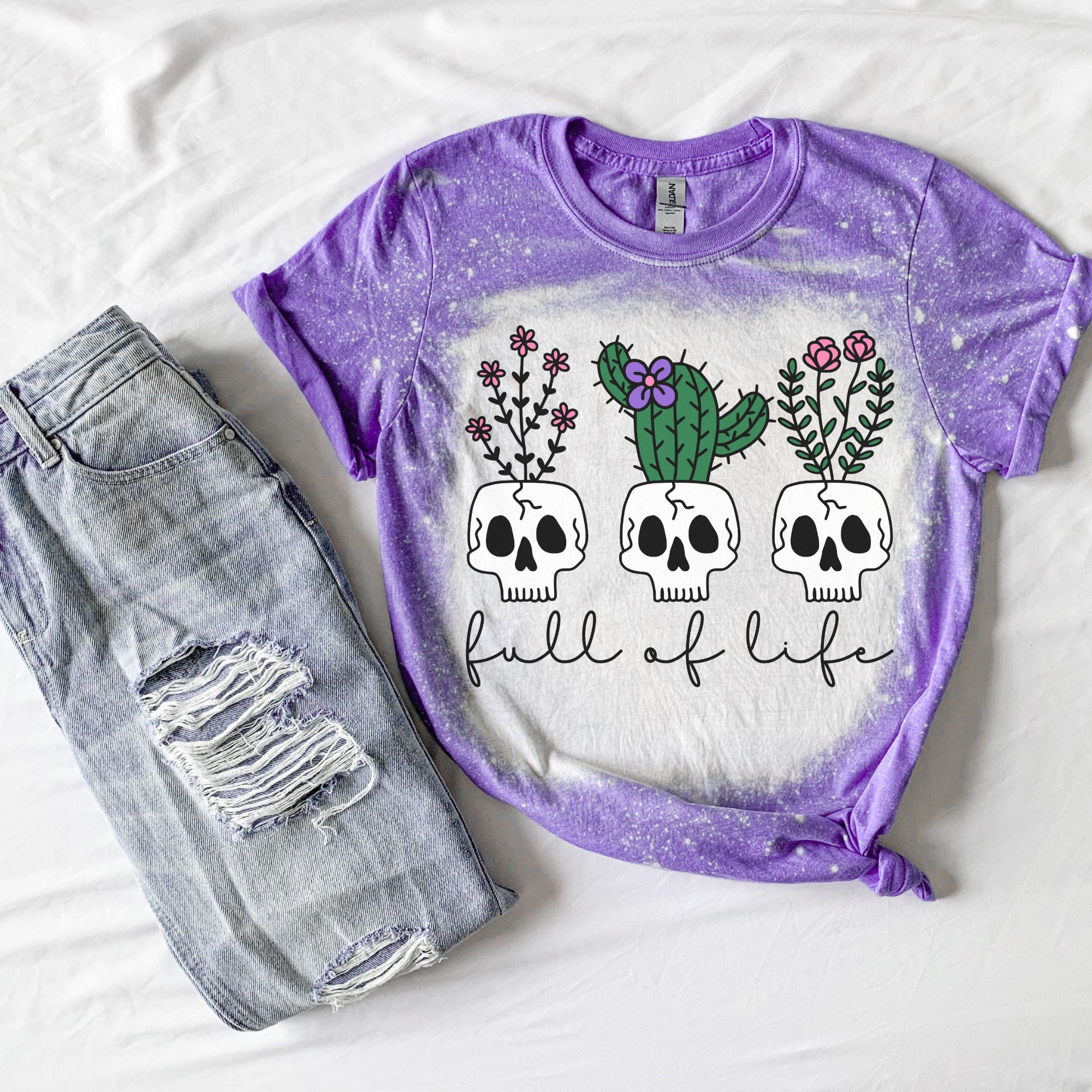 Full Of Life Shirt - Plant Mom Era Shirt - Cute Skull Shirt- bleached T-shirt - Cute Fall shirt - Halloween shirt