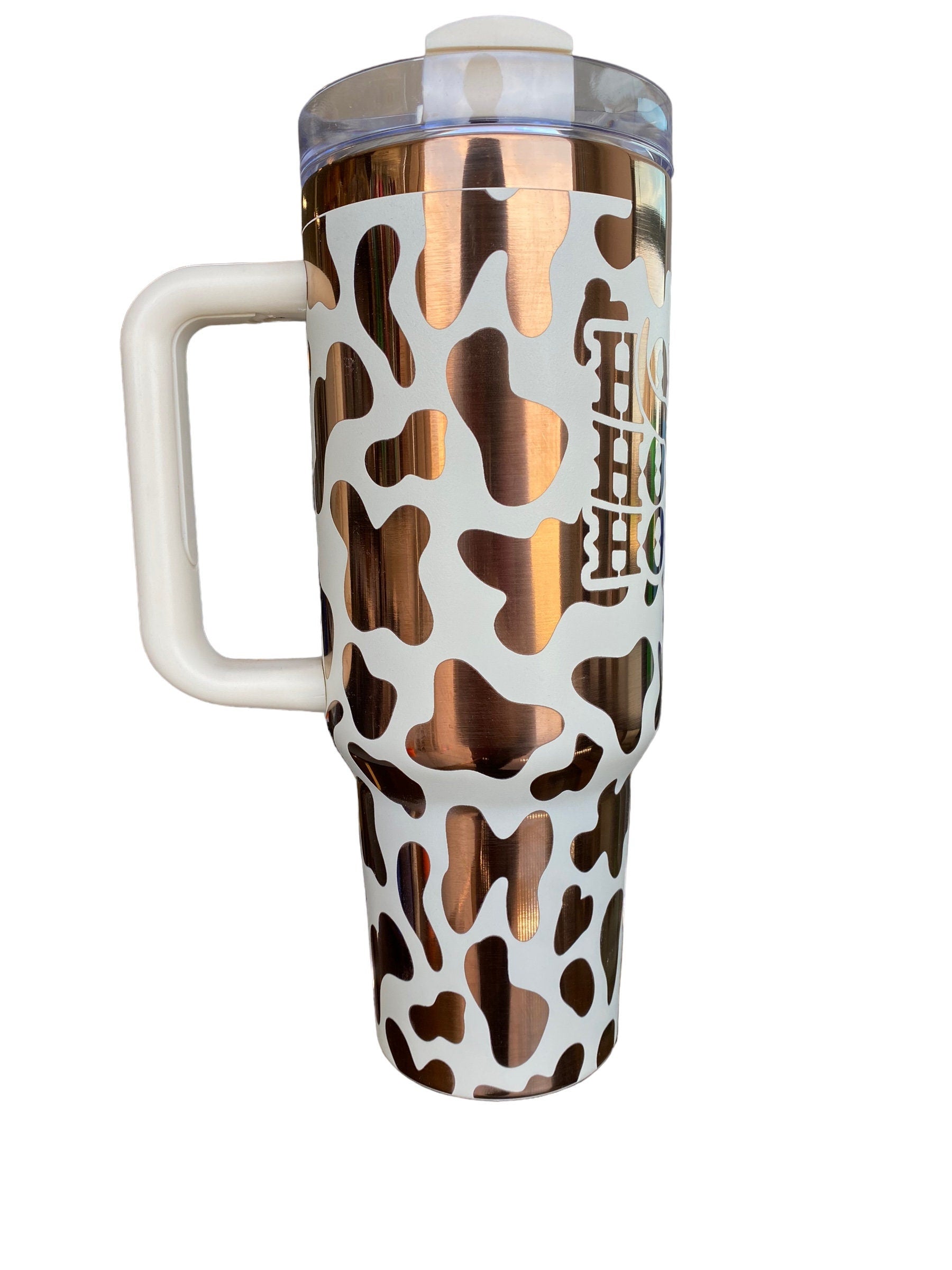 Howdy Tumbler  - Cowhide engraved Country Tumbler - 40oz tumbler with handle - Cow Print Tumbler - Copper Cream Longhorn Cow