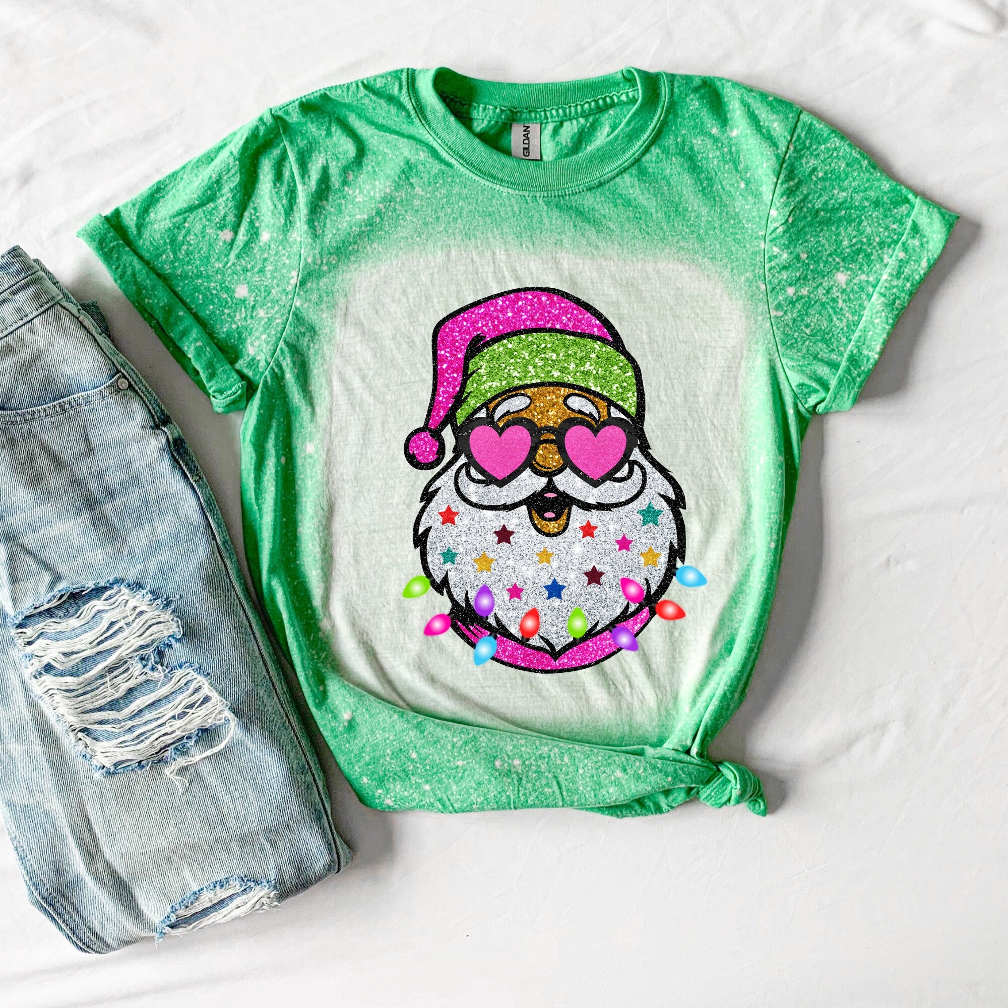 Neon Santa Shirt - Leopard Print Sleeves - Trendy Santa Shirt - Bleached santa tshirt - Pink Santa Shirt - Pink Christmas Shirt