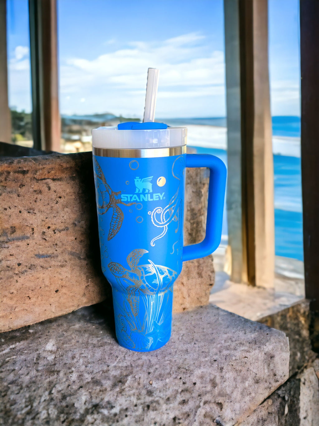 Octopus and Turtle Engraved Cup - Custom Engraved Cup  - 40oz tumbler with handle - Ocean Theme Tumbler