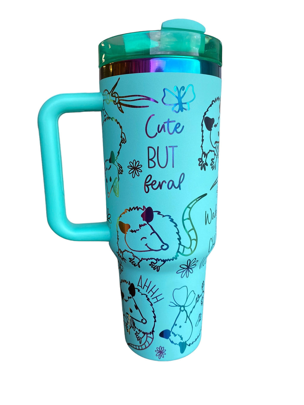 Cute but Feral Tumbler- Trash Panda 40oz tumbler, opposum Engraved Tumbler, funny possum Gift, Laser engraved, Floral tumbler Flower tumbler