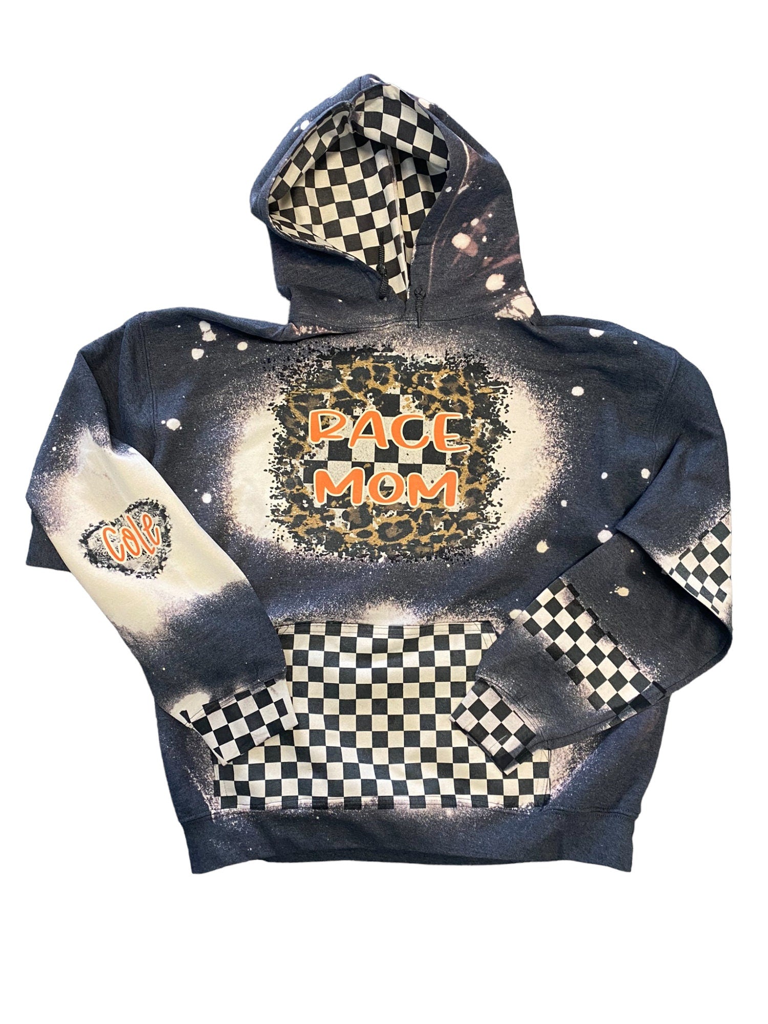 Leopard Race Mom Bleached Hoodie - Custom Color Racing hoodie Personalized number name - Car Checkered Flag Dirt Track Motocross - Dirt Bike