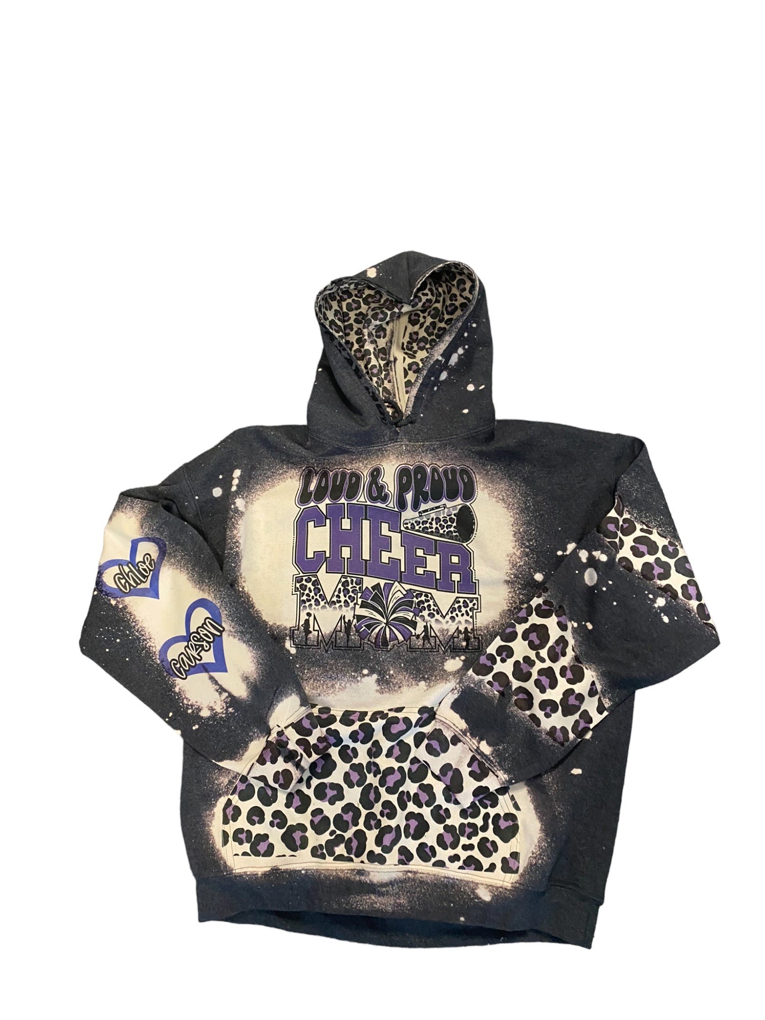 Loud and Proud Cheer Mom Bleached Hoodie - Custom Cheer Heart with Names on Sleeve - Bleached Hoodie - Custom Hoodie - Cheer Mom Sweatshirt